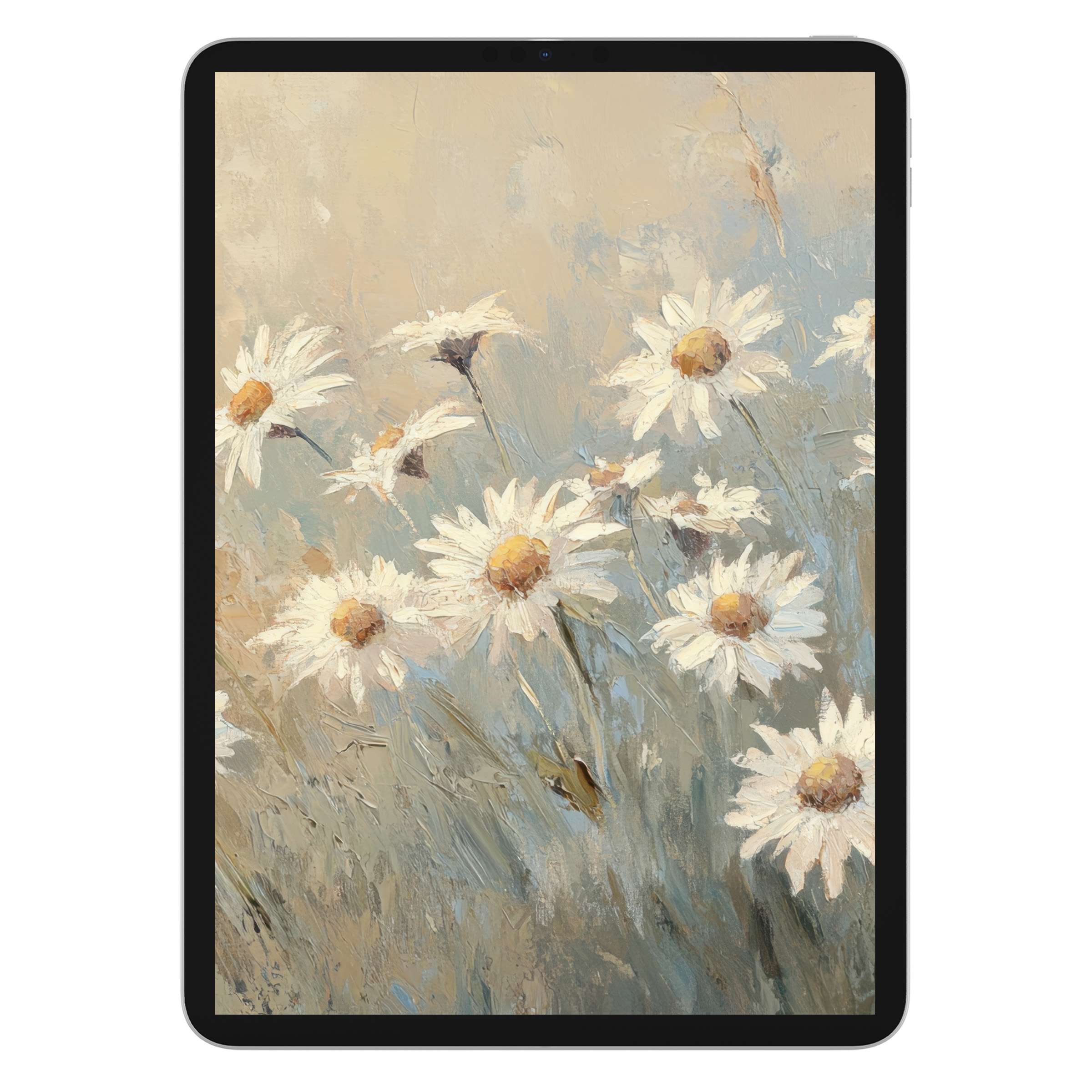 Elegant botanical iPad wallpaper with delicate daisies in soft pastels, perfect tablet background for digital download and calm ambiance