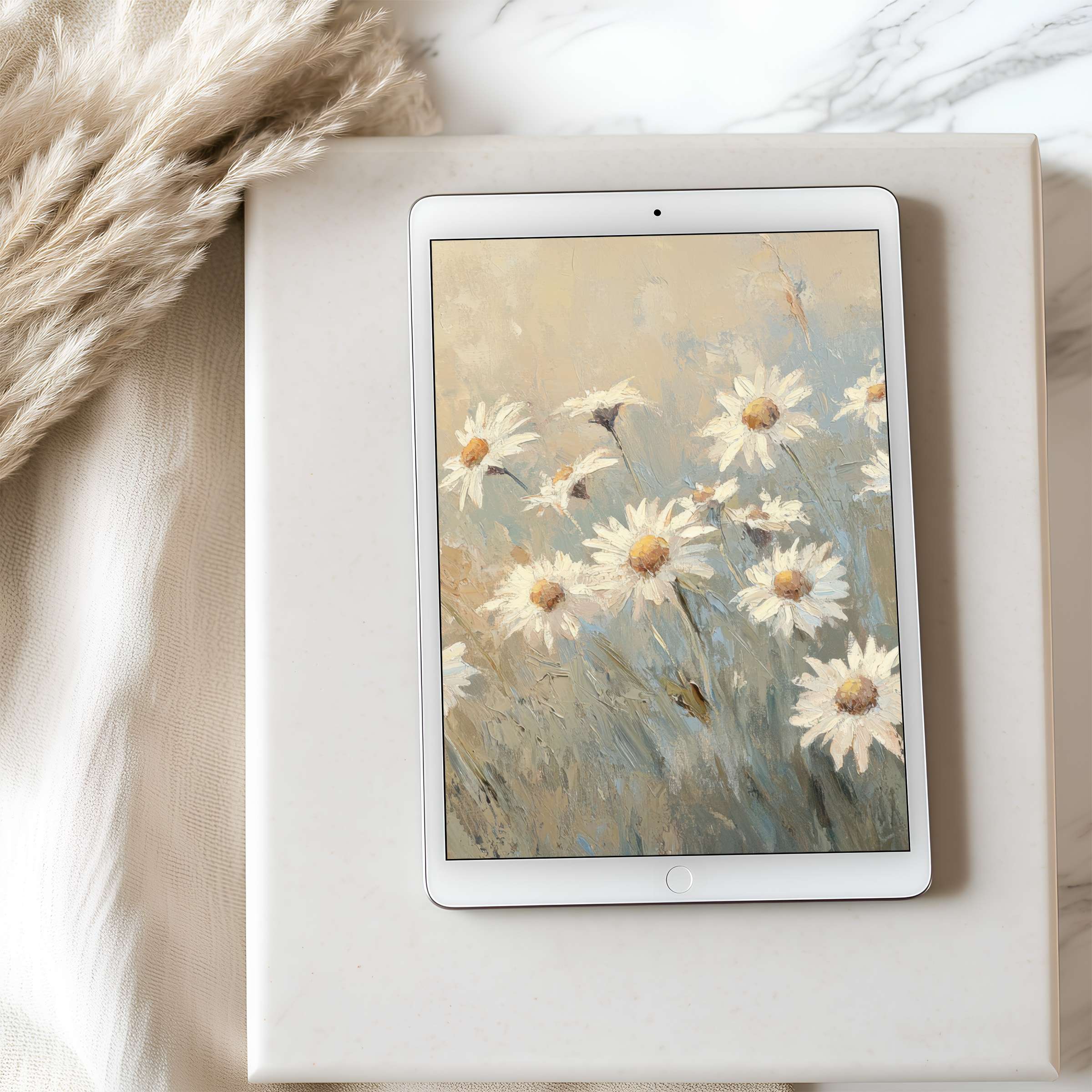 Elegant daisy field tablet wallpaper in soft pastels inspires tranquility, perfect for high-resolution iPad and Android digital downloads
