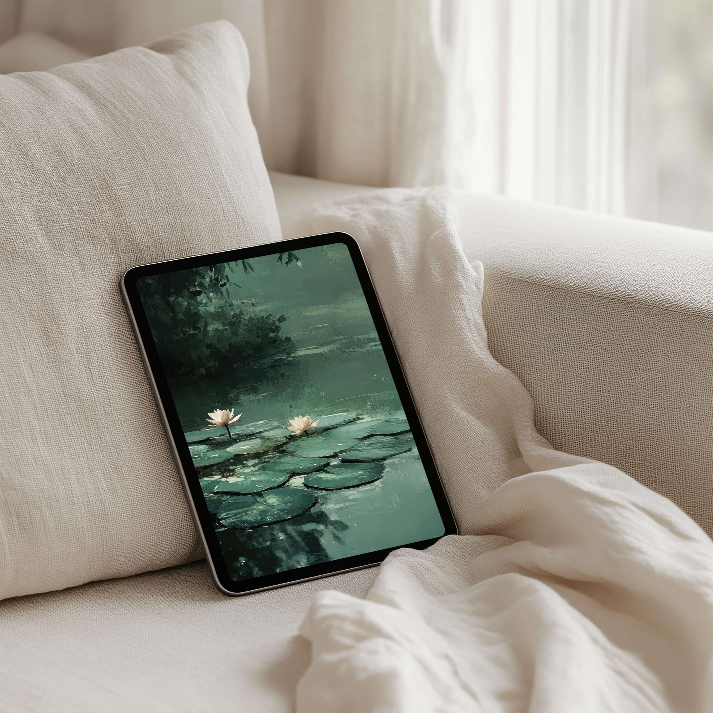 Tranquil lily pond painting as iPad background offers instant download for tablet art lovers seeking calm and mindful elegance