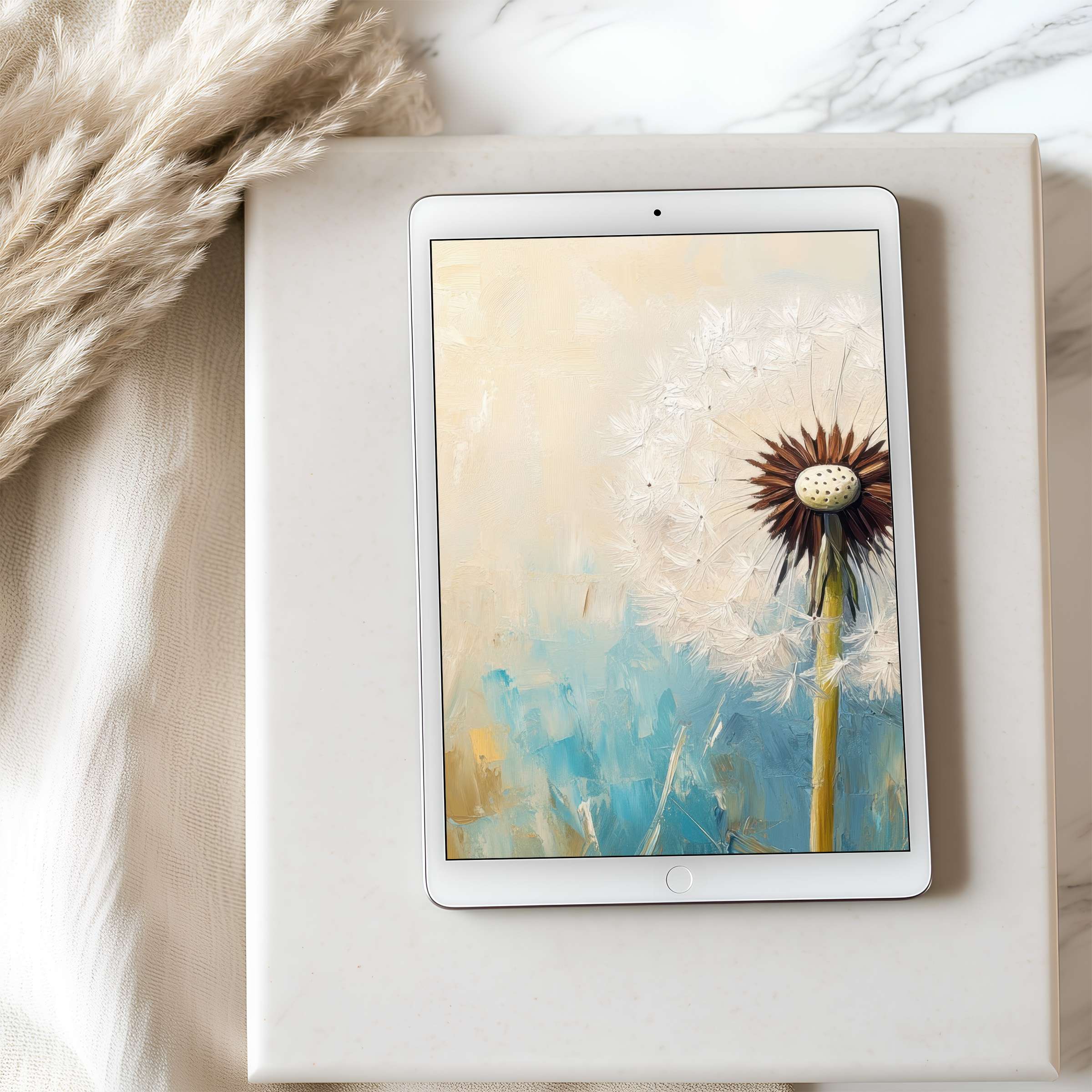 Elegant digital art dandelion in serene blue and beige tablet wallpaper for high resolution iPad, perfect digital download