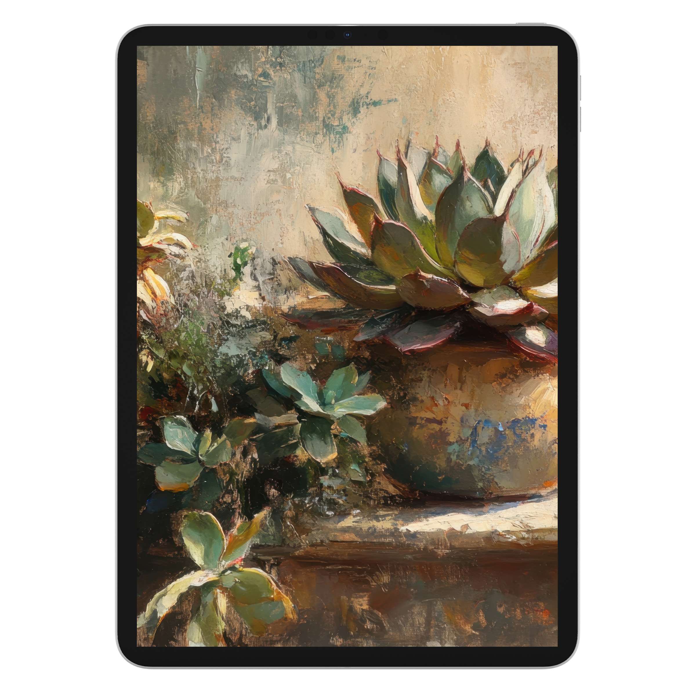 Textured brushstrokes create a serene succulent scene in this botanical iPad wallpaper digital download for elegant tablet backgrounds