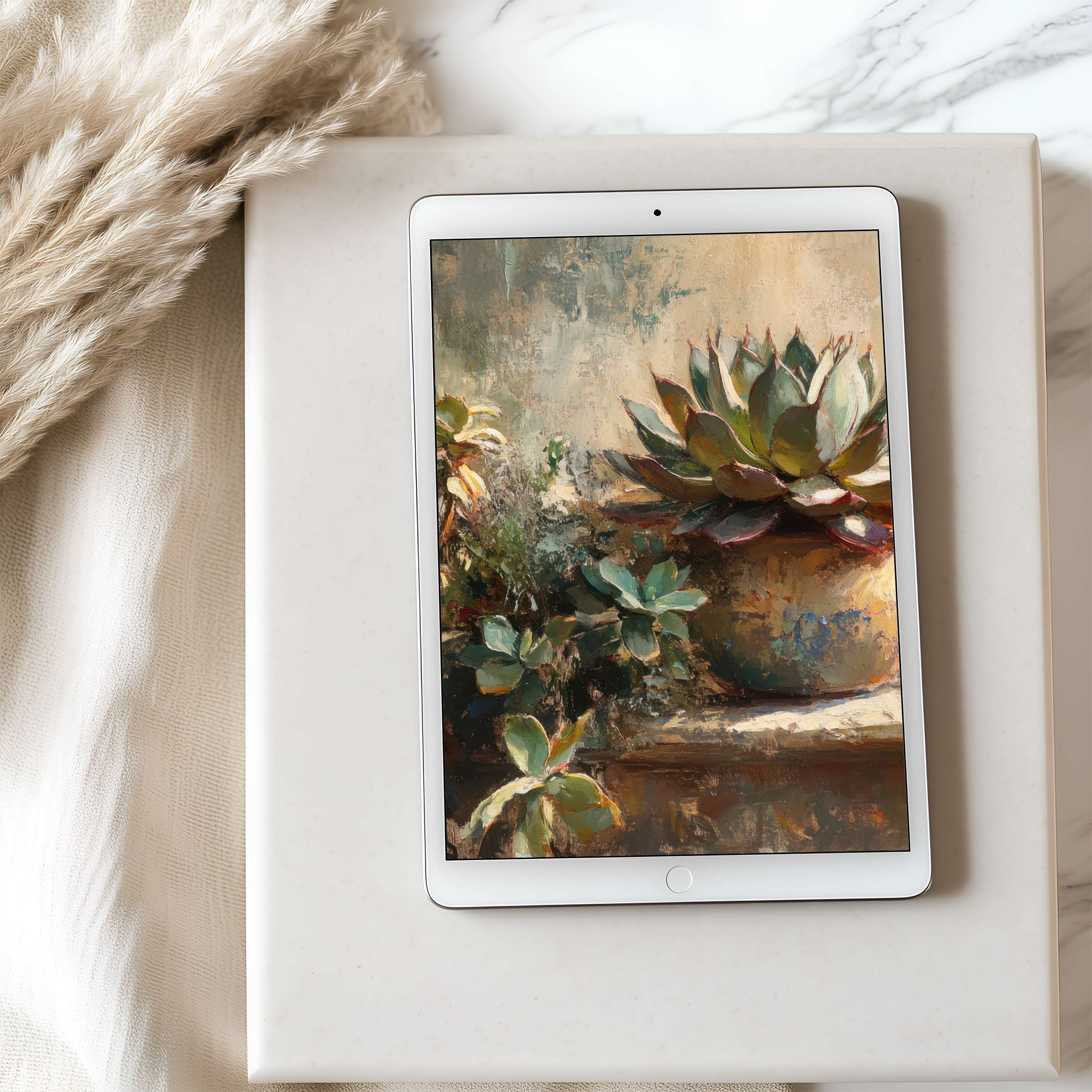 Succulent-themed tablet wallpaper with earthy tones offers high resolution for iPad and Android, enhancing calm sustainable interiors