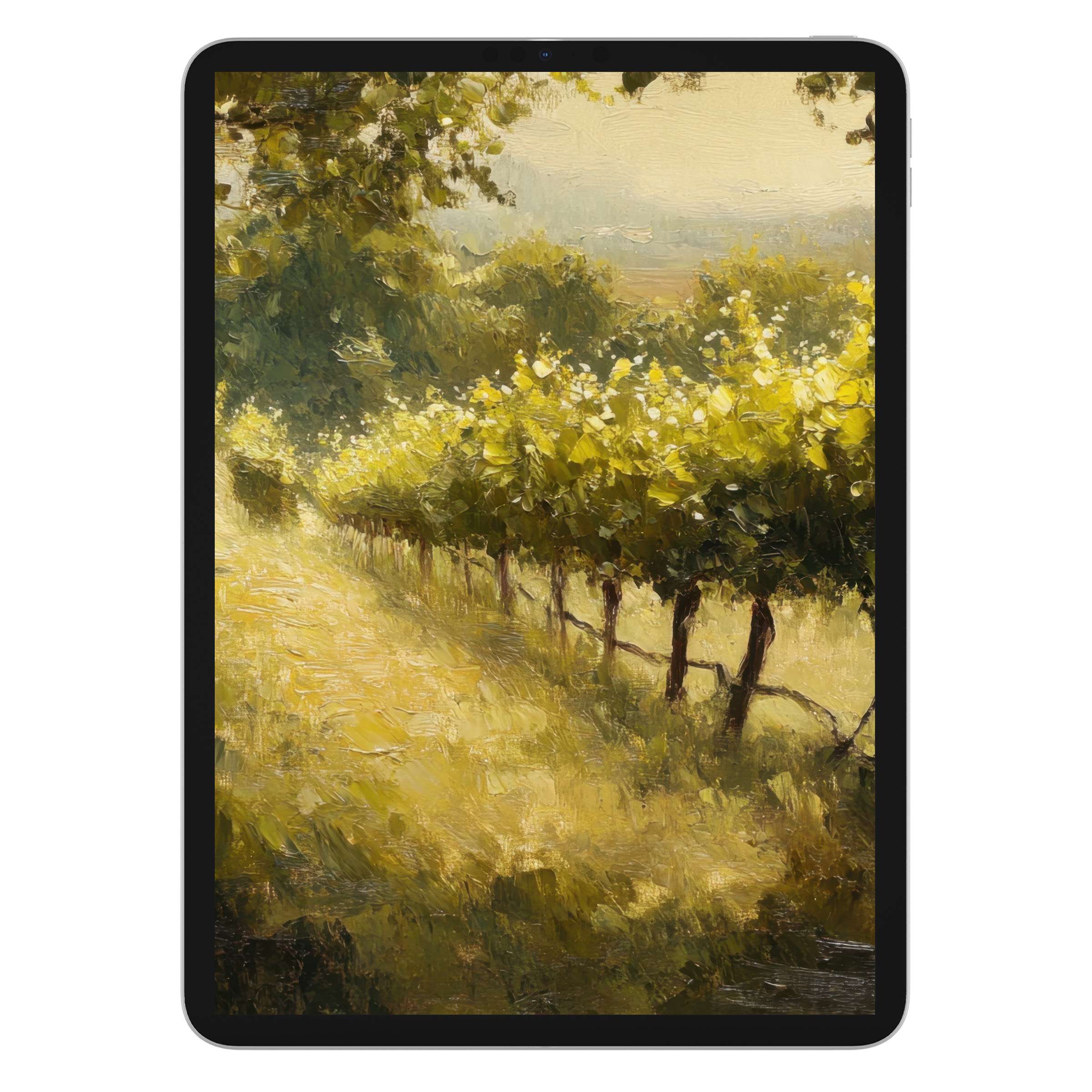 Elegant botanical iPad wallpaper featuring a serene vineyard scene perfect as a digital download background for any tablet user