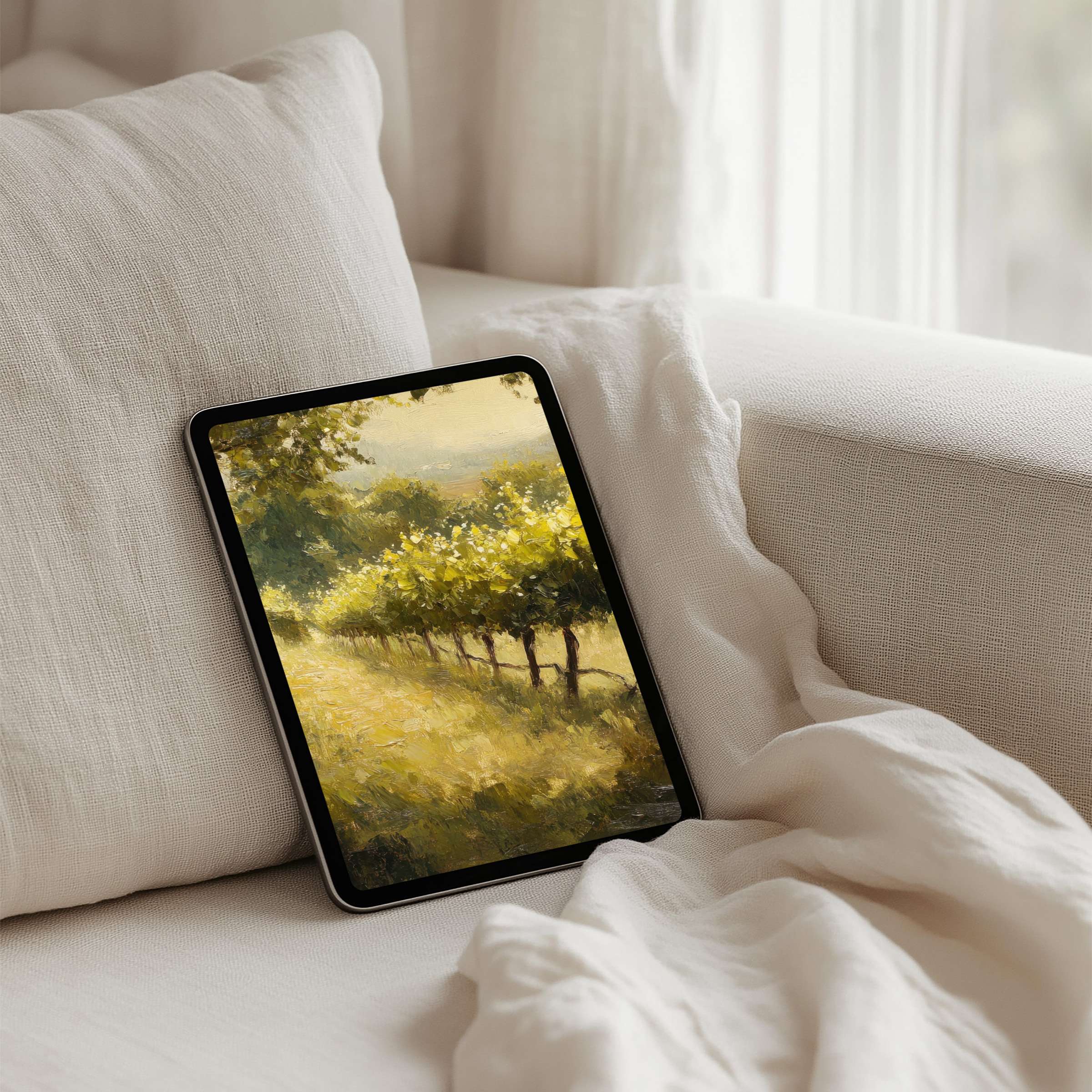 Elegant vineyard scene iPad background on a plush sofa evokes calm and inspiration ideal for tablet instant download users
