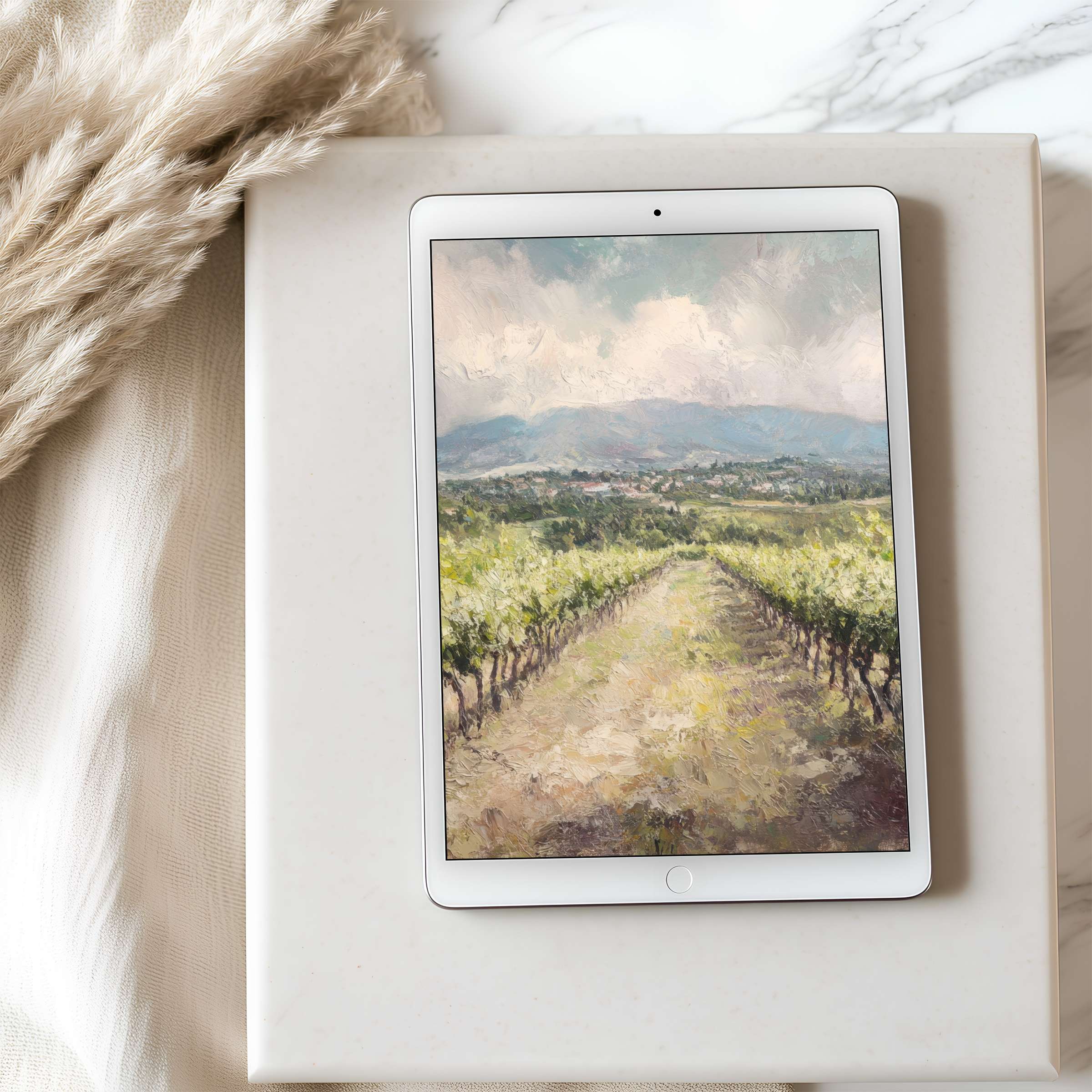 Elegant tablet wallpaper featuring a serene vineyard landscape in soft hues, perfect for high-resolution iPad or Android downloads, enhancing your digital space