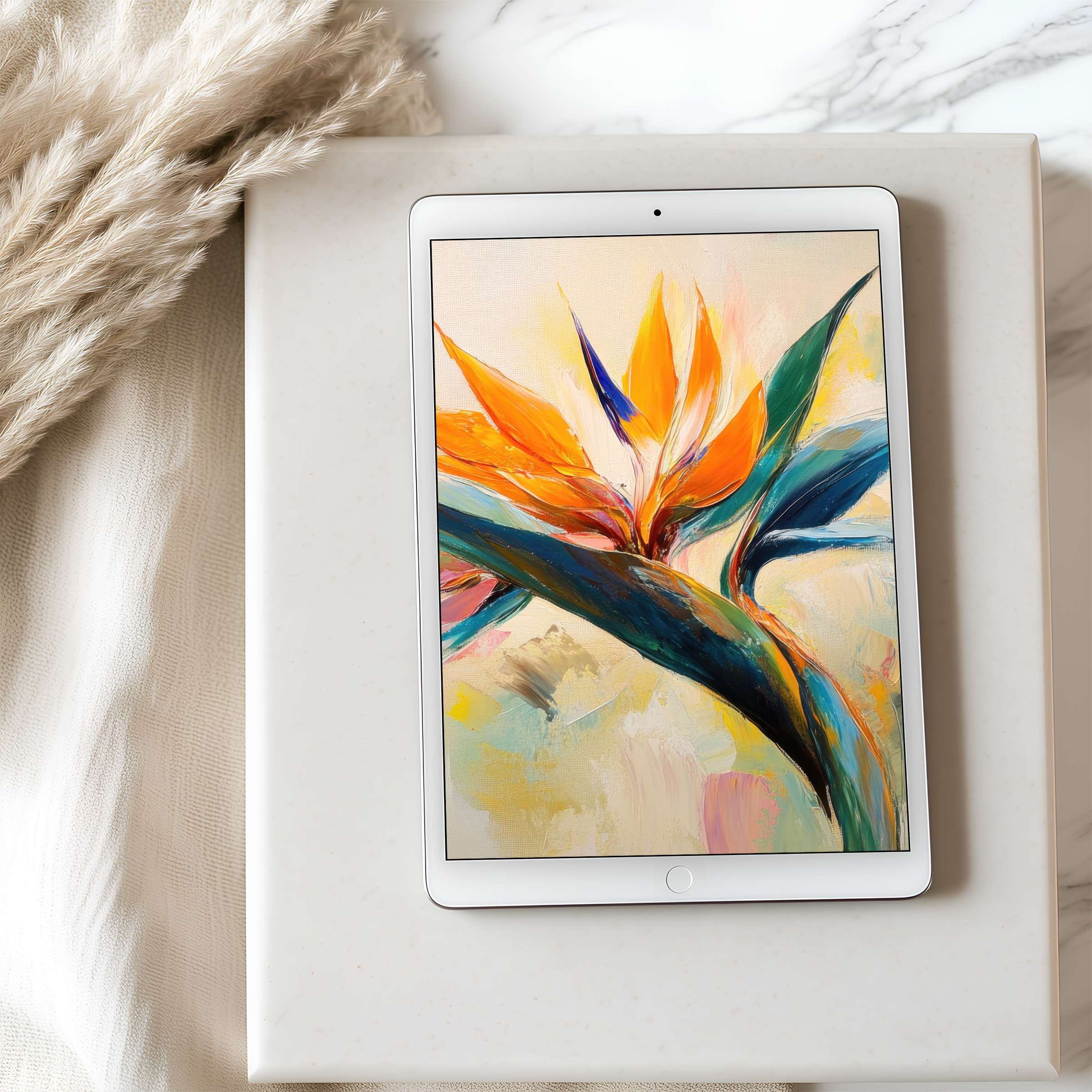 Elegant tablet wallpaper featuring vibrant abstract floral painting, perfect for design-conscious aesthetics on high resolution Android and iPad screens