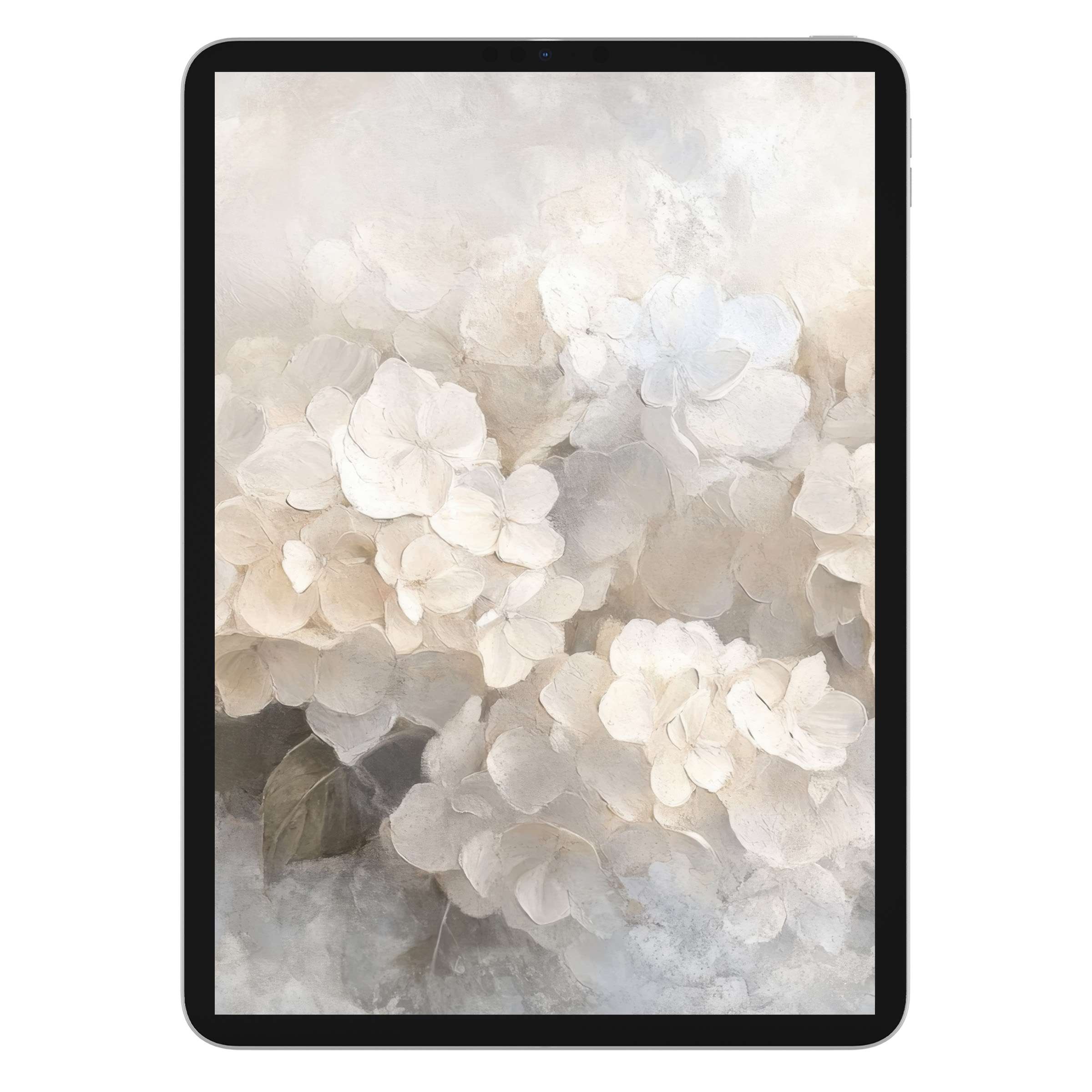 Elegant botanical iPad wallpaper with soft white florals creates a serene digital download background for tablet tranquility and style
