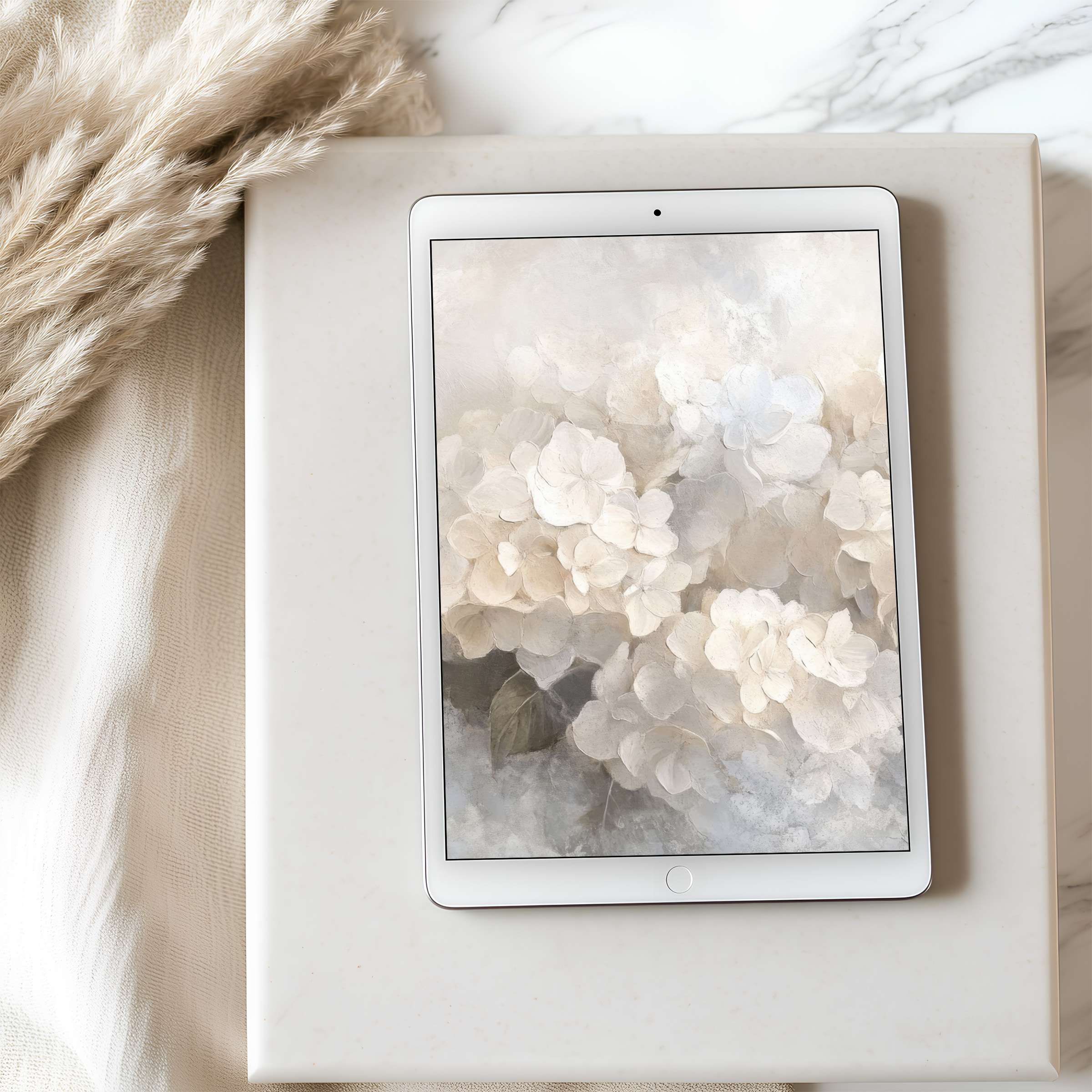 Elegant floral tablet wallpaper with soft beige tones and a serene aesthetic suits iPad and Android tablets as a high-resolution digital download