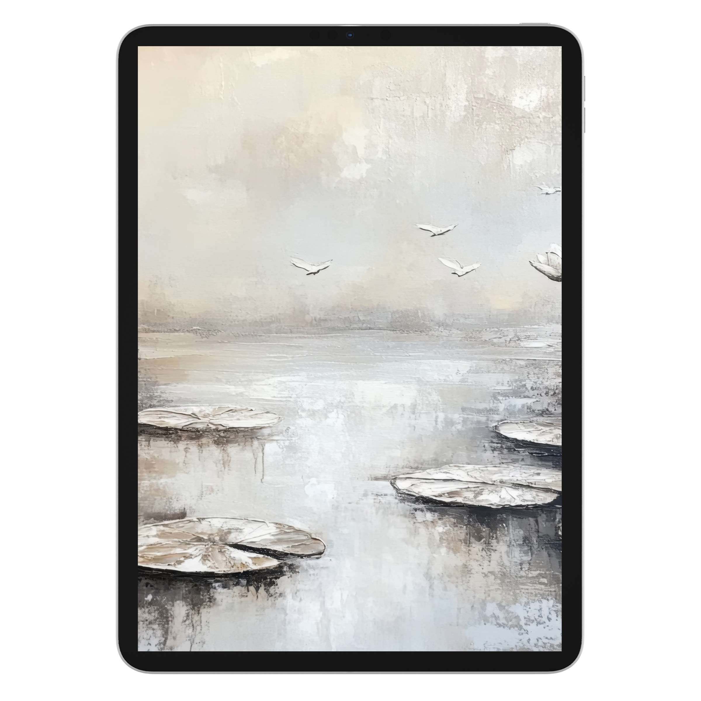 Elegant botanical iPad wallpaper digital download featuring serene watercolor lilies and swans suitable for tablet background use