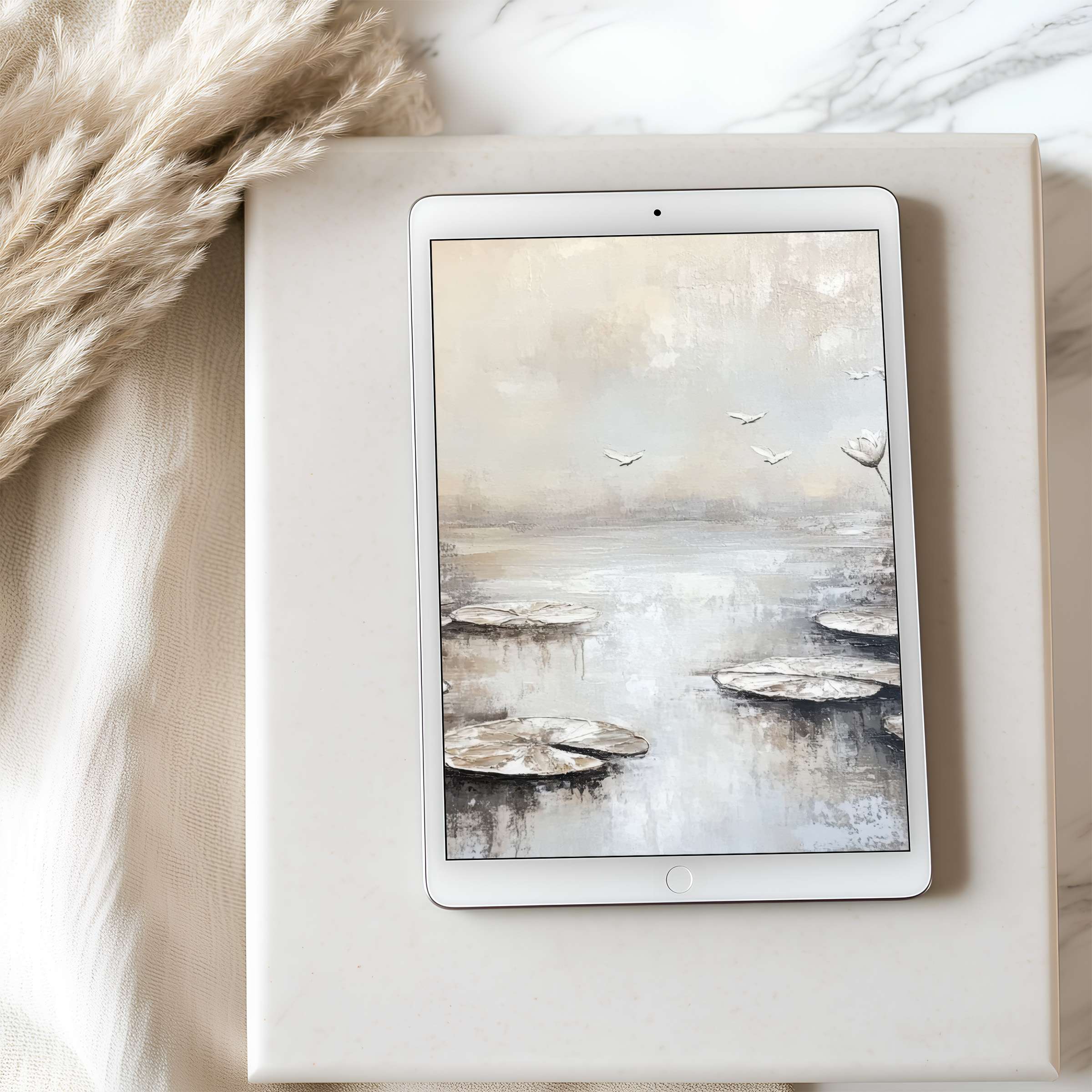 Elegant tablet wallpaper featuring serene pastel landscapes with birds, perfect for iPad or Android digital download for calm spaces