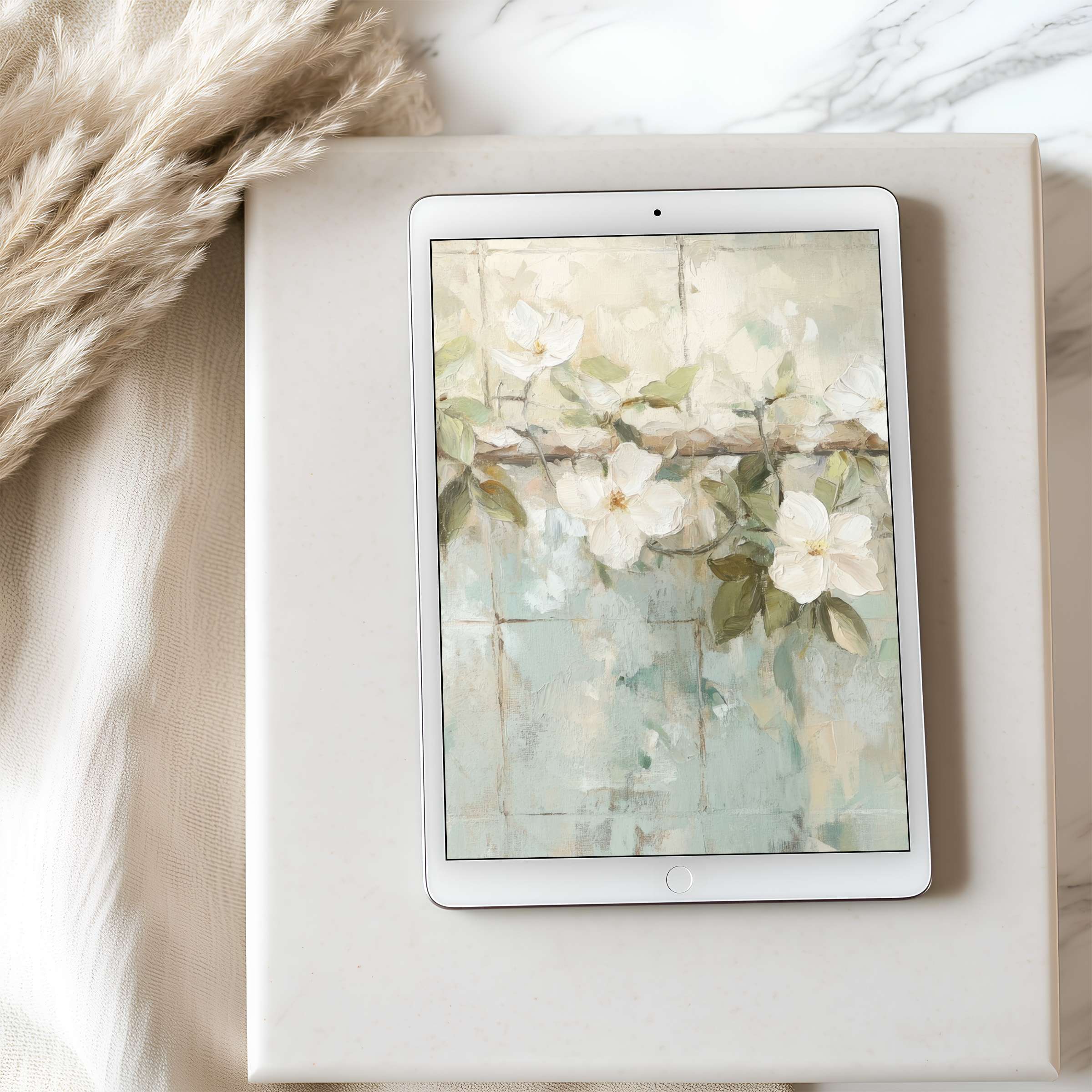 Elegant floral digital art on tablet wallpaper, featuring soft hues and tranquil blooms, ideal for high-resolution iPad or tablet download