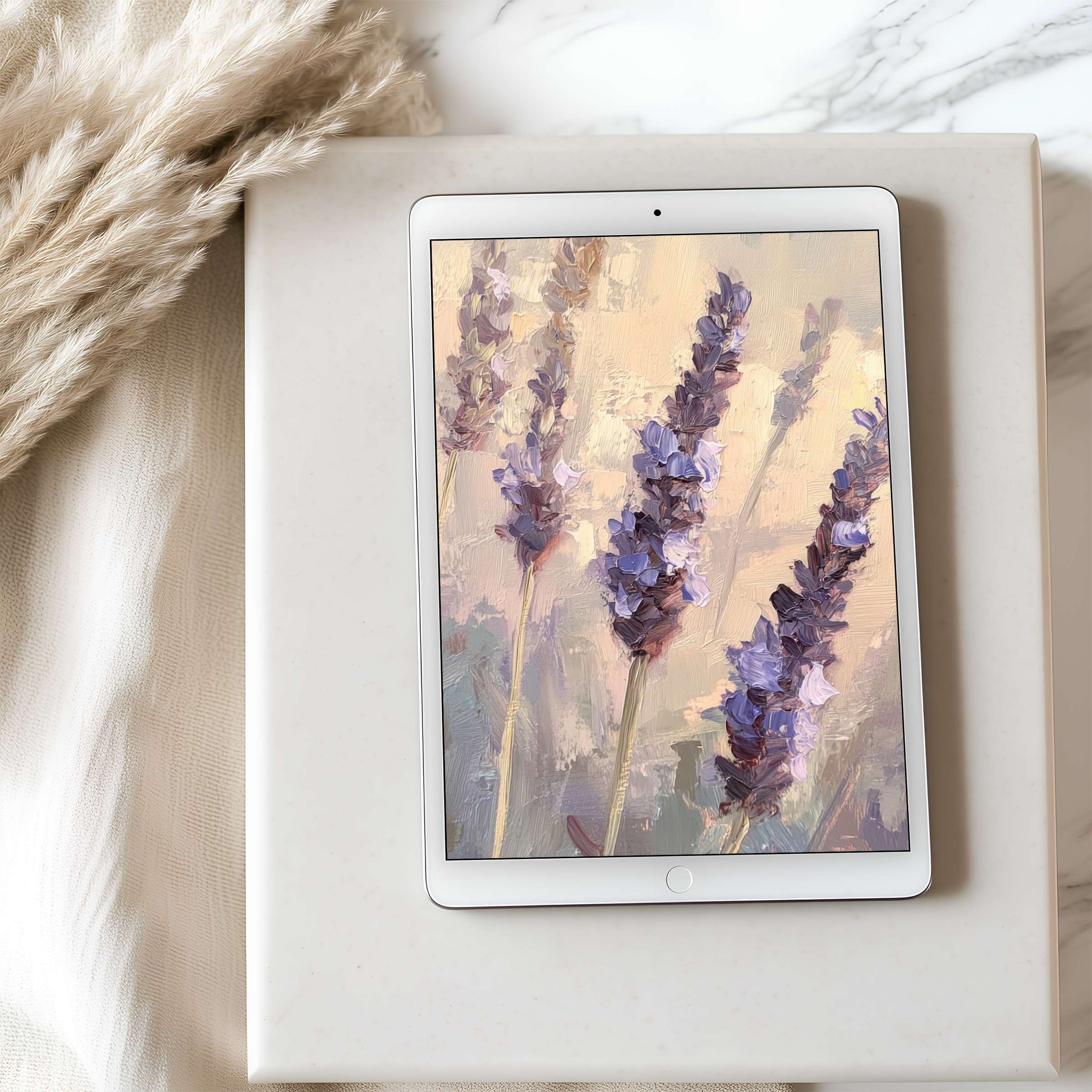 Lavender-themed tablet wallpaper in soft pastels, elegantly styled on an iPad, ideal for high resolution, calming digital downloads