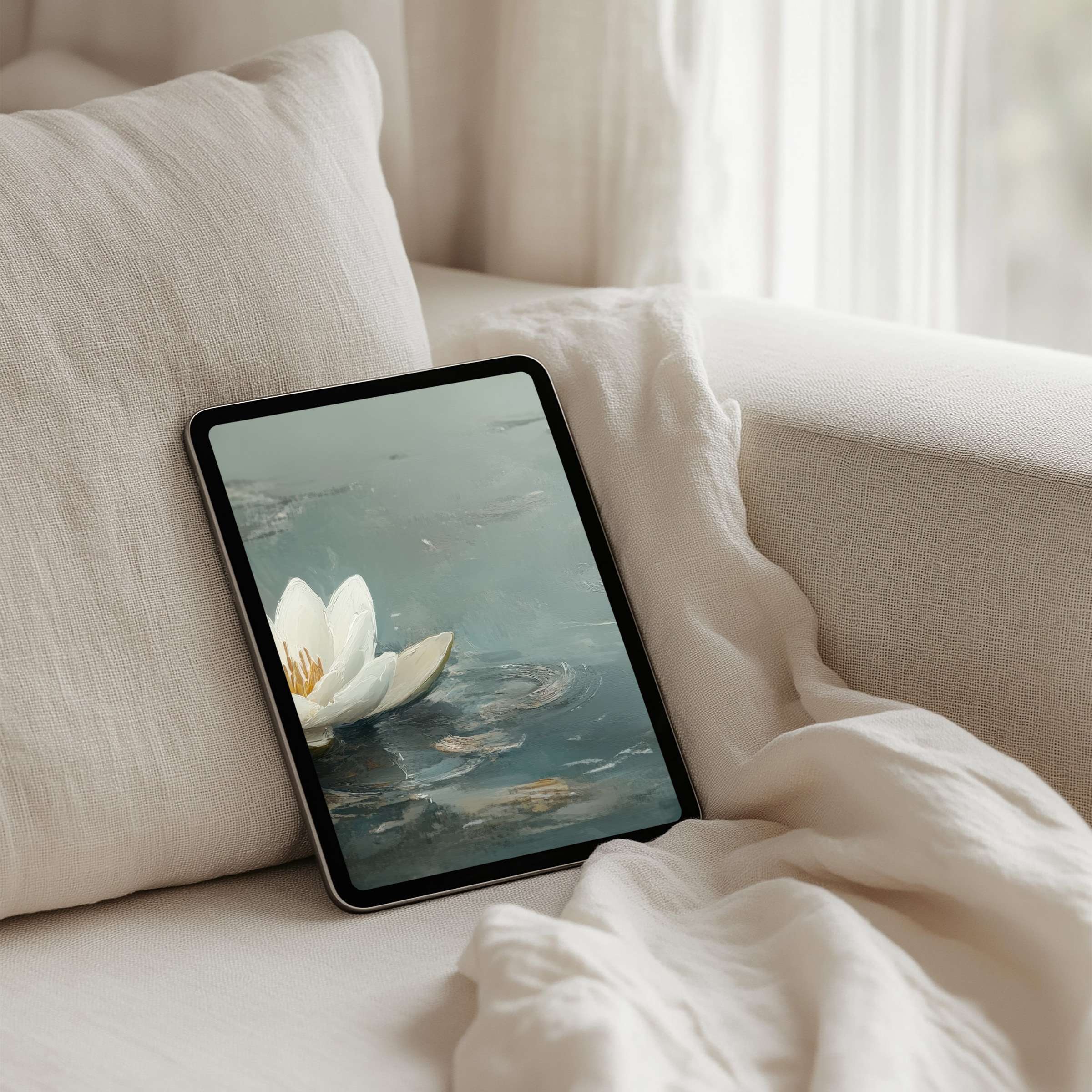 Elegant lotus painting enhances calm as an iPad background for instant download, suited for any tablet, inspiring tranquility