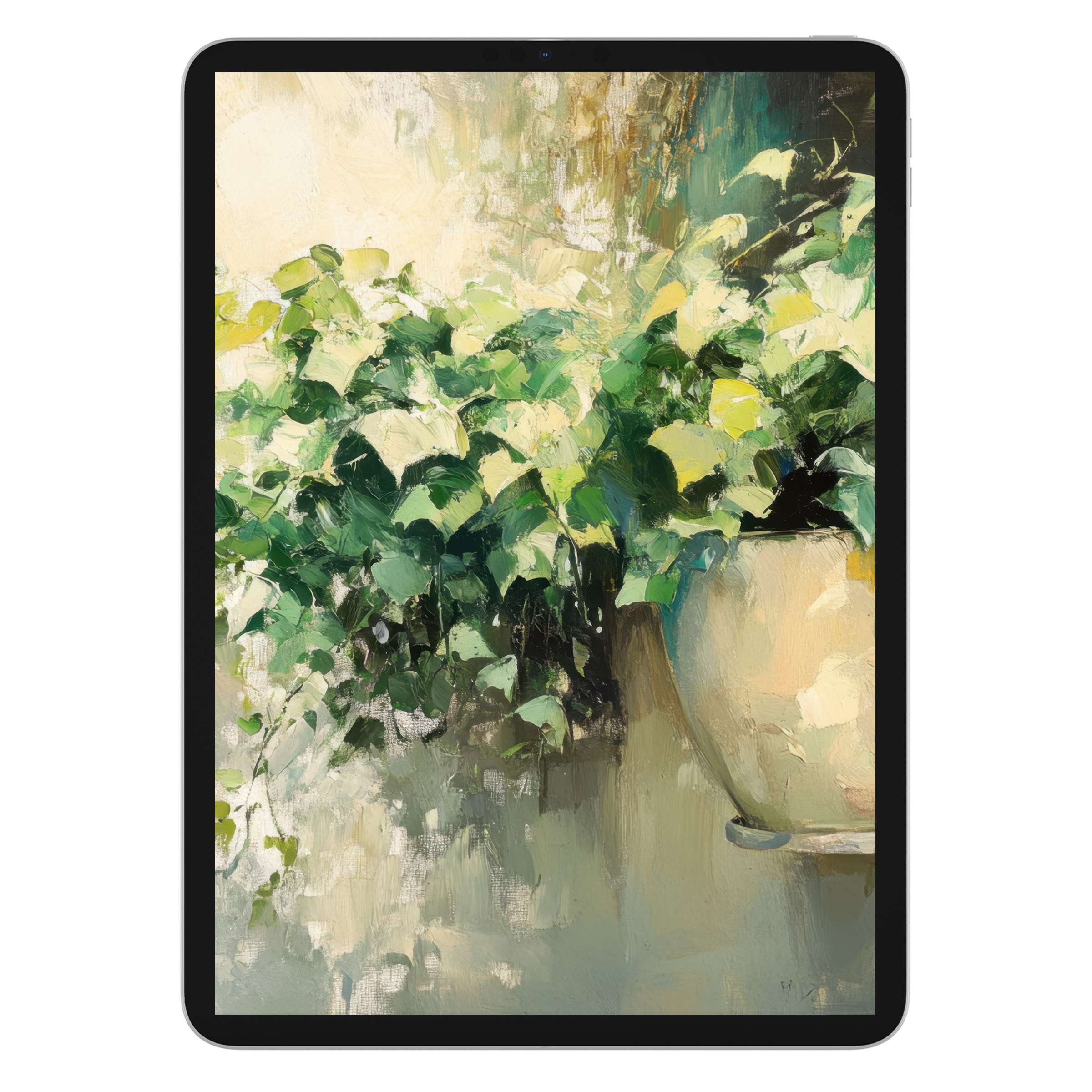 Elegant botanical iPad wallpaper with lush green leaves in a soft, painterly style, perfect tablet background digital download