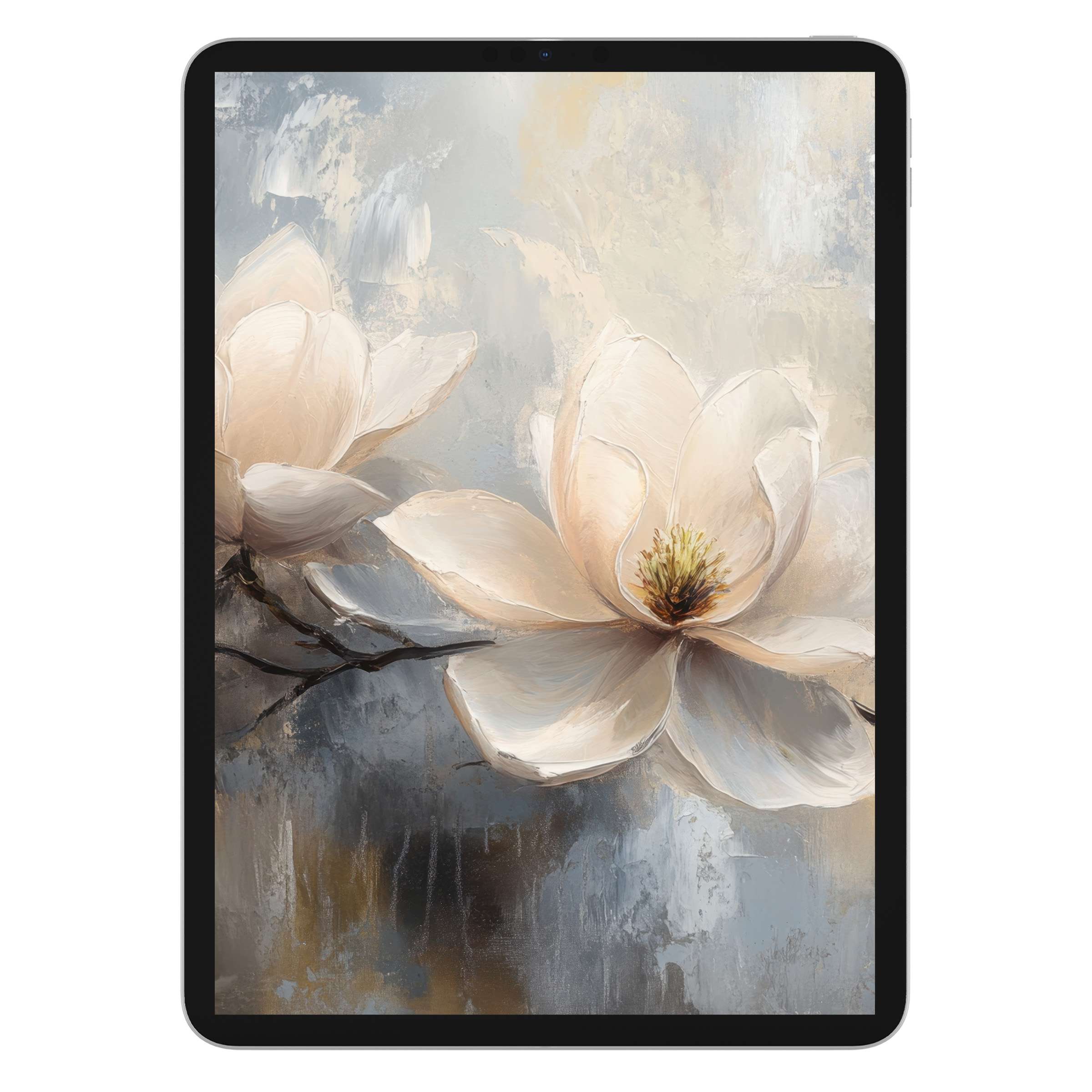 Elegant botanical iPad wallpaper with serene magnolia blossoms, perfect digital download for a calming tablet background, enhancing aesthetics