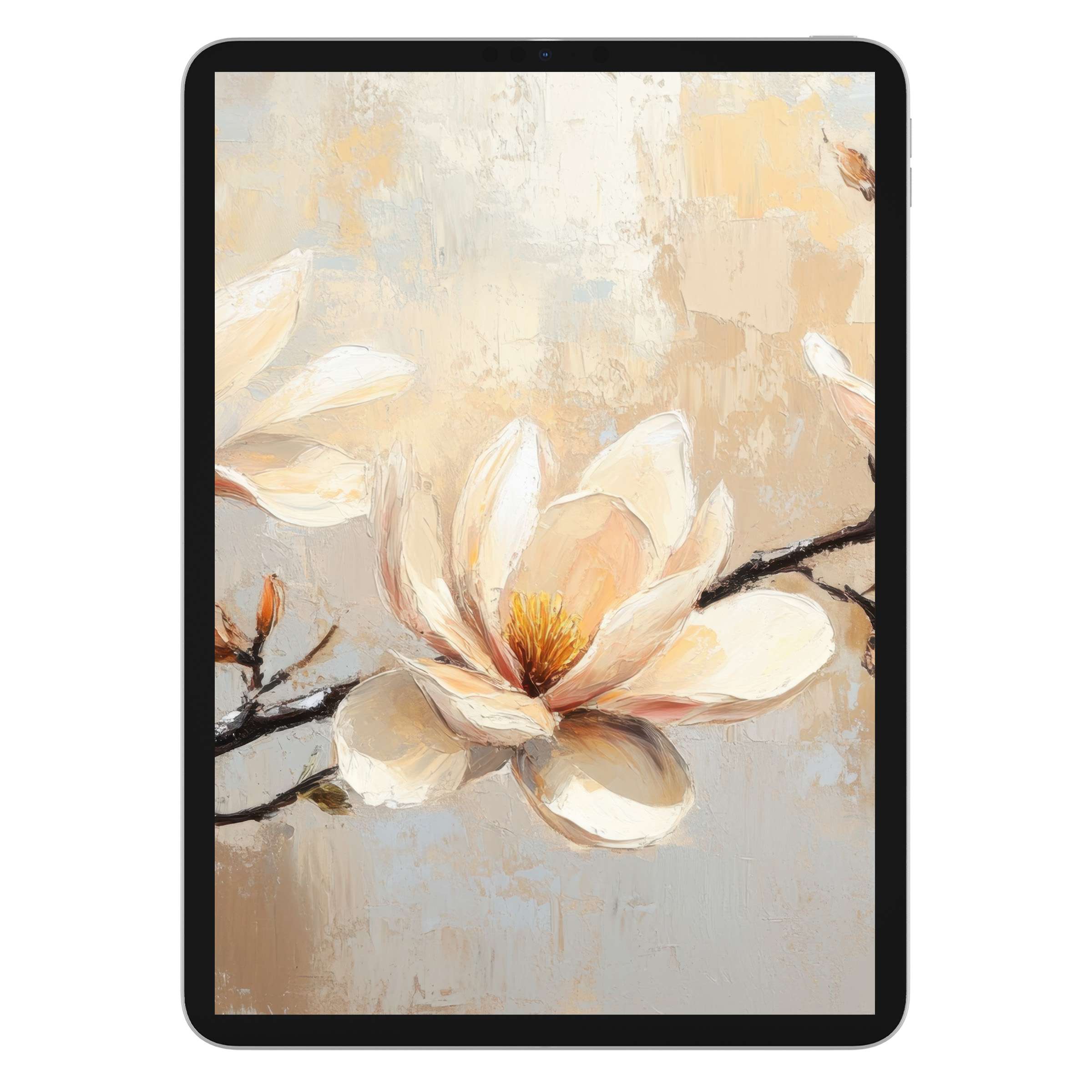 Elegant botanical iPad wallpaper with serene magnolia art on textured background ideal for digital download on any tablet device