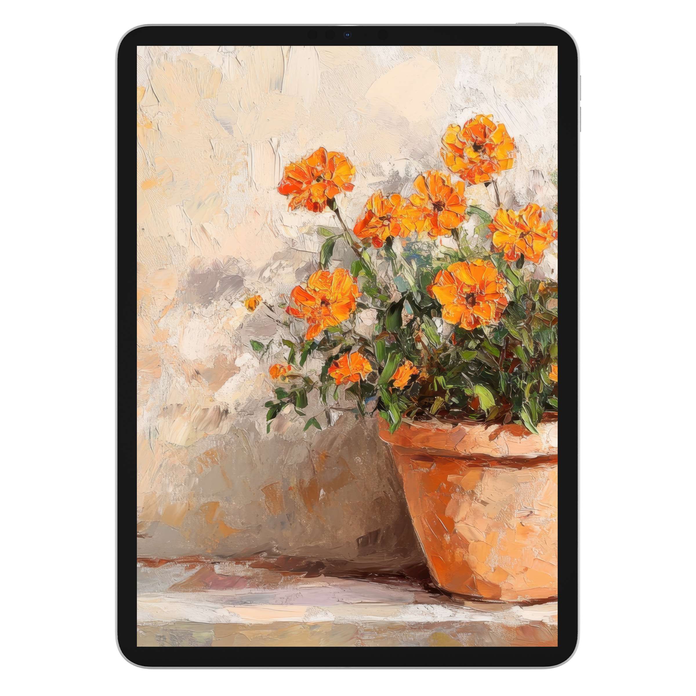 Elegant botanical iPad wallpaper with vibrant orange flowers in an oil painting style, a serene digital download for tablet background