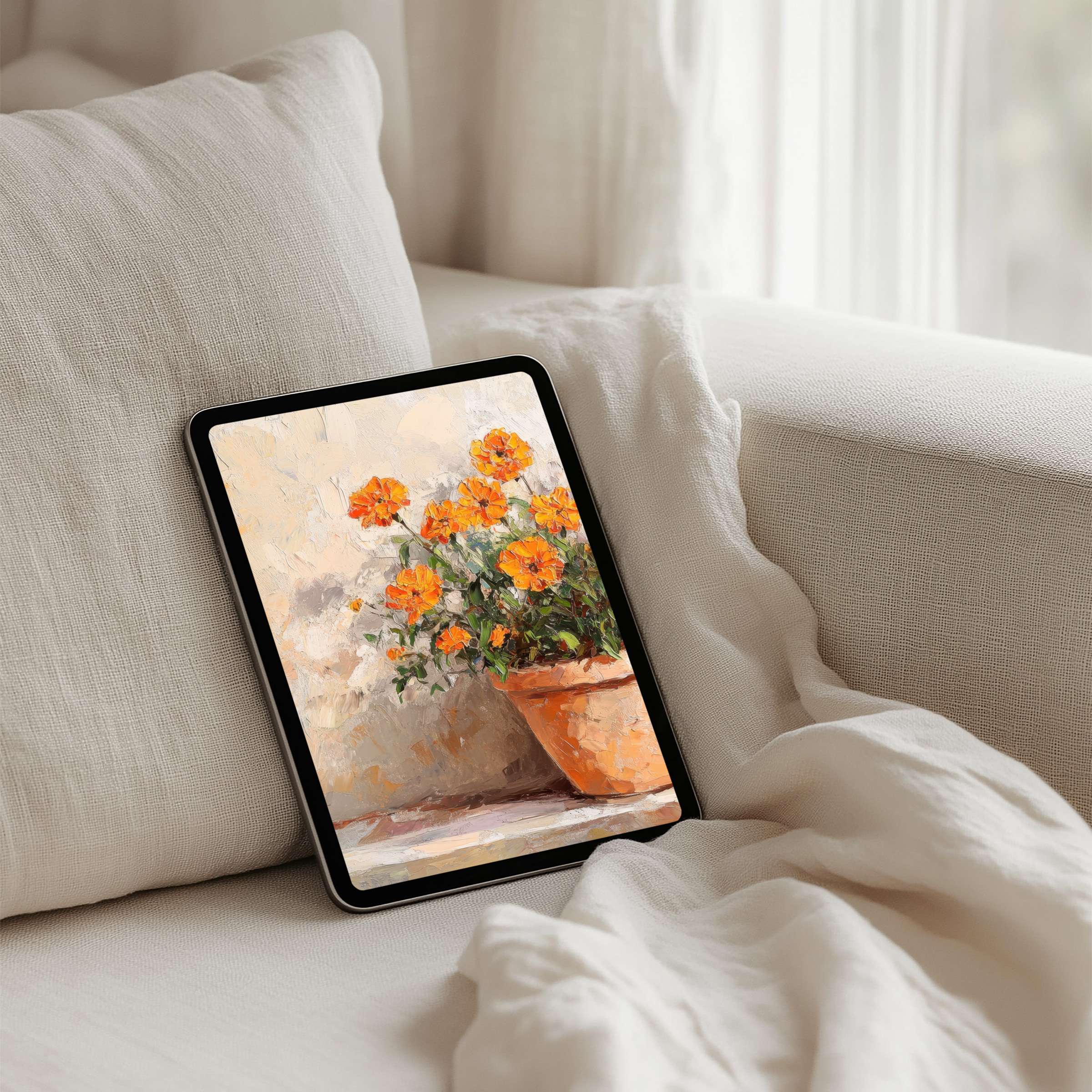 Elegant marigold painting on iPad background creates calming inspiration for tablets, offering instant download for mindful decor enthusiasts
