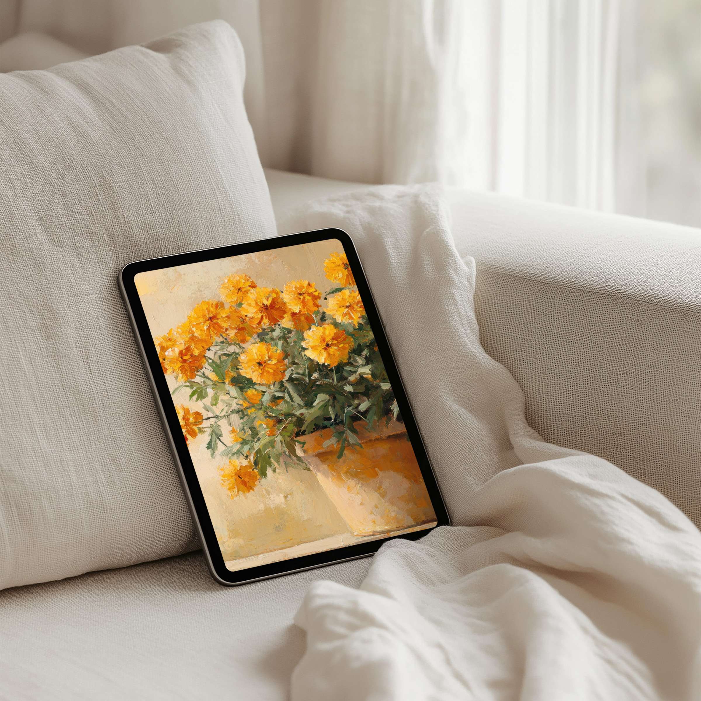 Elegant iPad background featuring vibrant marigolds in a soft, cozy setting for instant download calming tablets' aesthetics