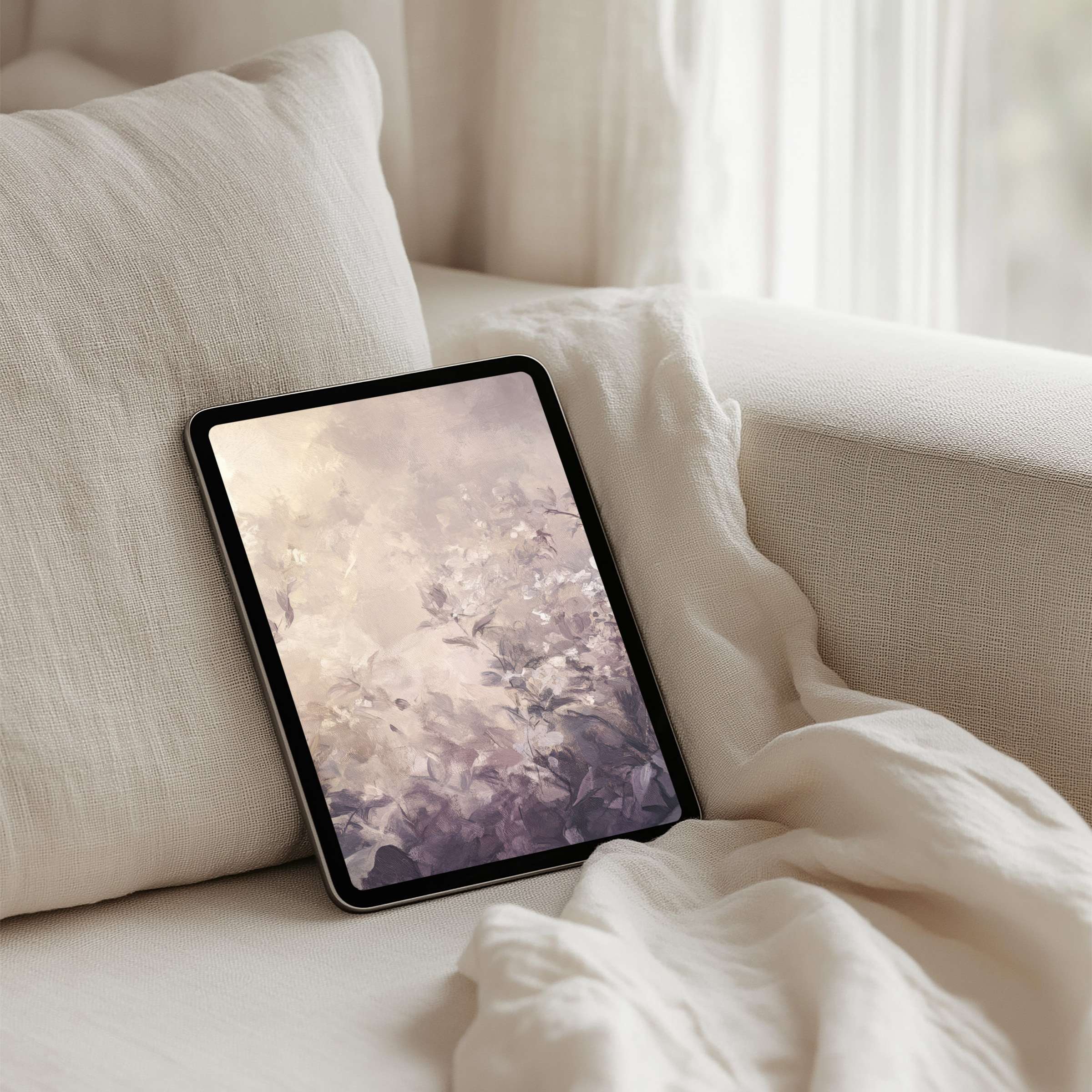 Elegant floral iPad background on tablet offers instant download inspiring calm and mindfulness for design-conscious users