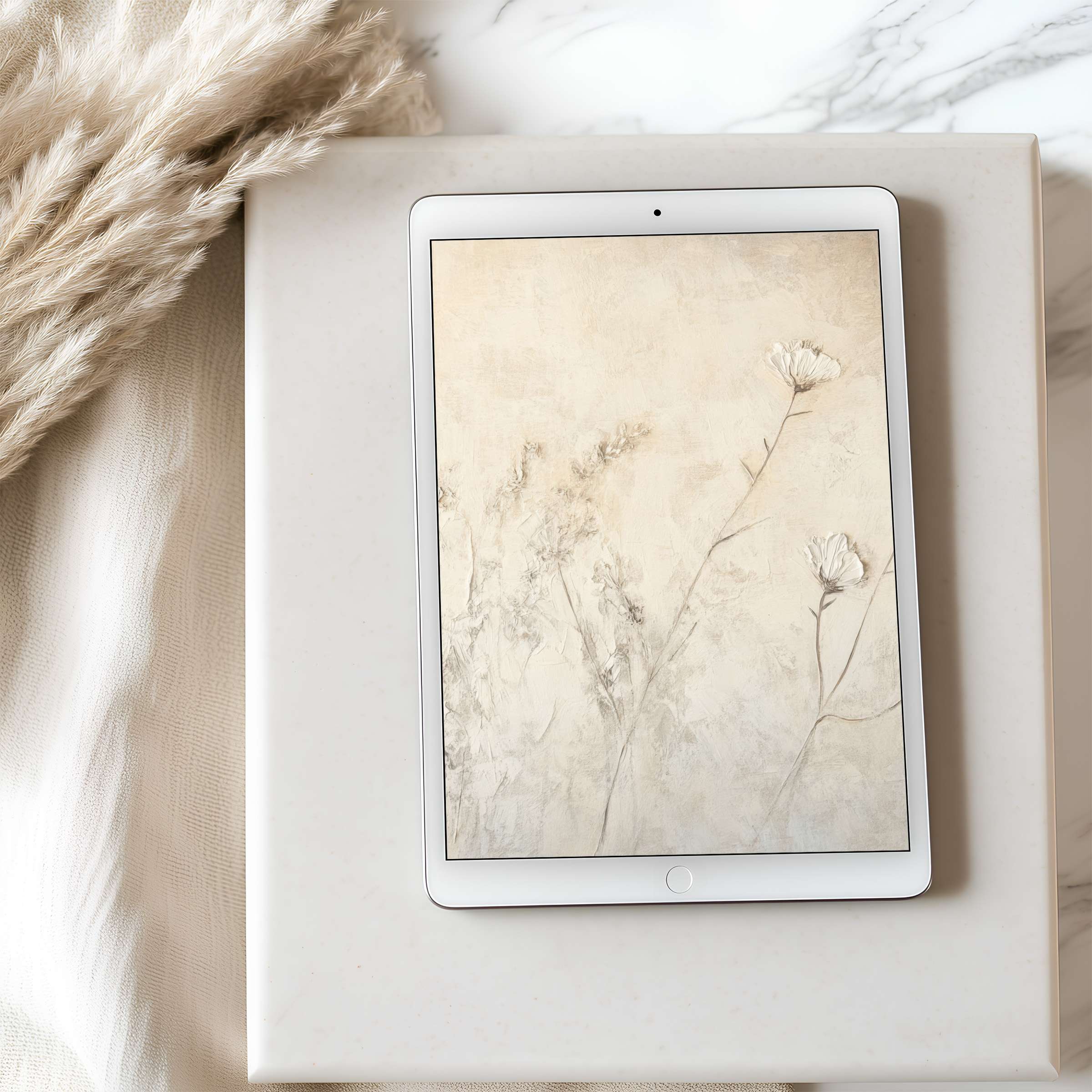 Delicate floral tablet wallpaper in soft beige tones for iPad and Android enhances tranquility in high-resolution digital download