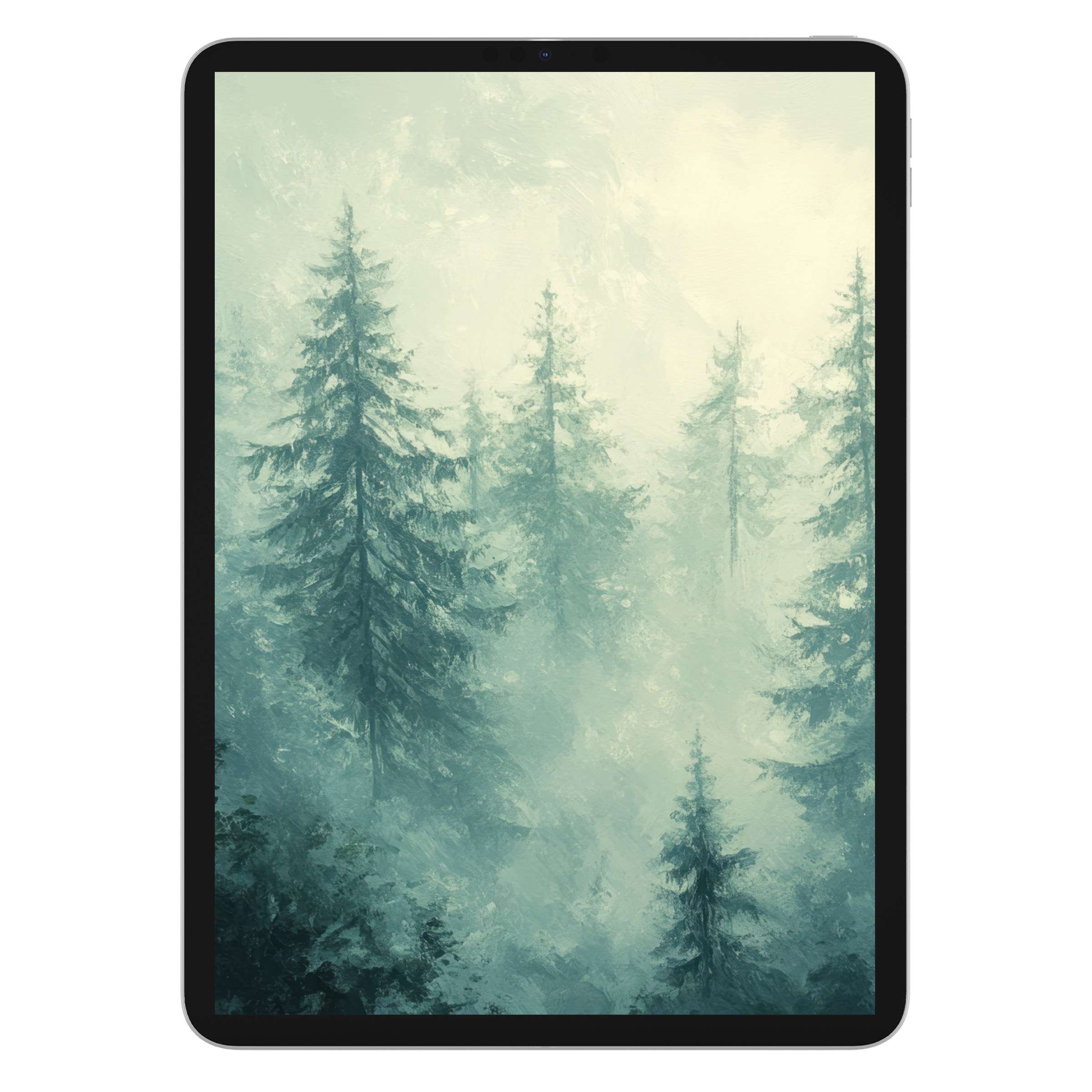 Misty forest scene on botanical iPad wallpaper digital download offers a soothing tablet background for tranquility and nature lovers