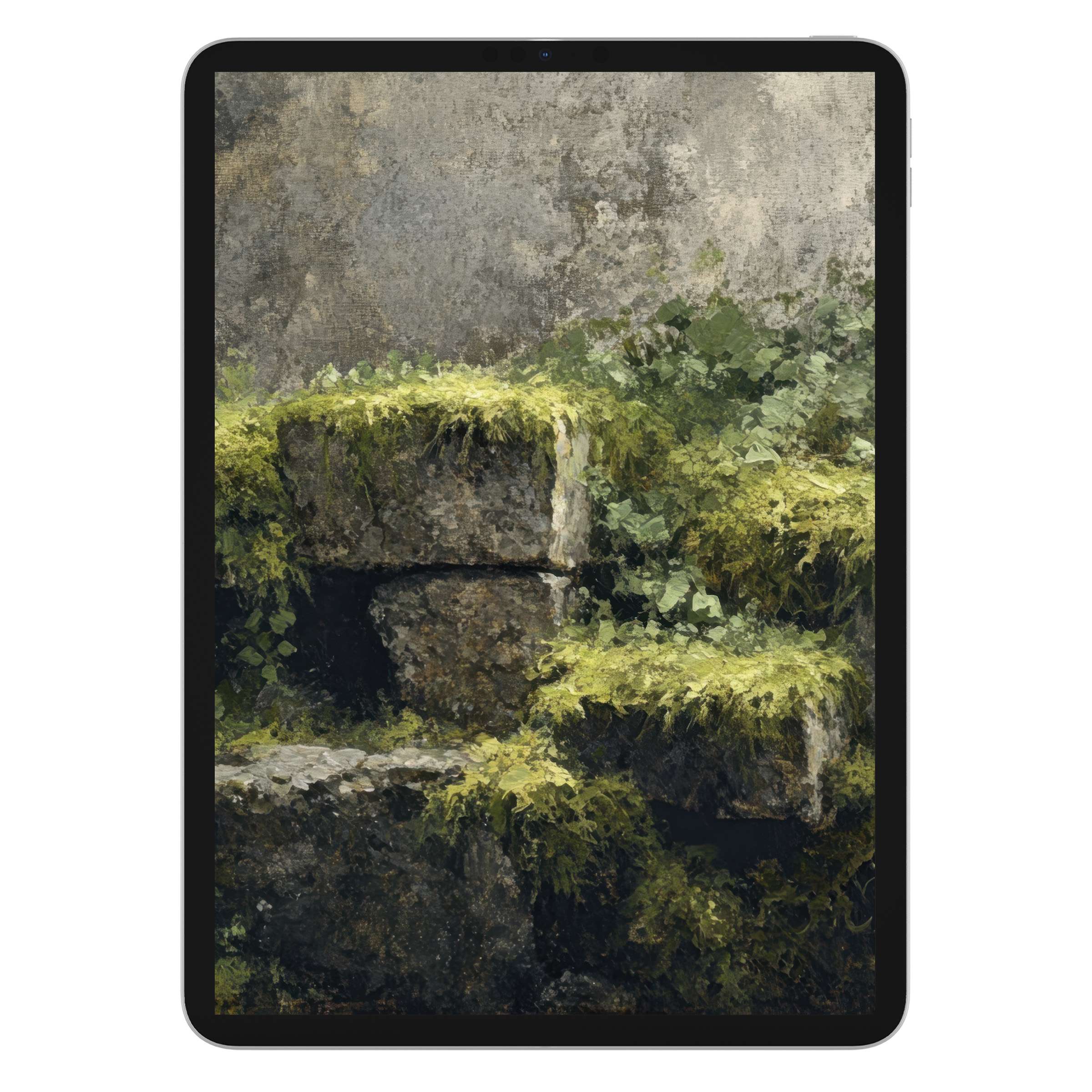 Elegant botanical iPad wallpaper featuring lush green moss on textured stones; perfect digital download for tablet background use