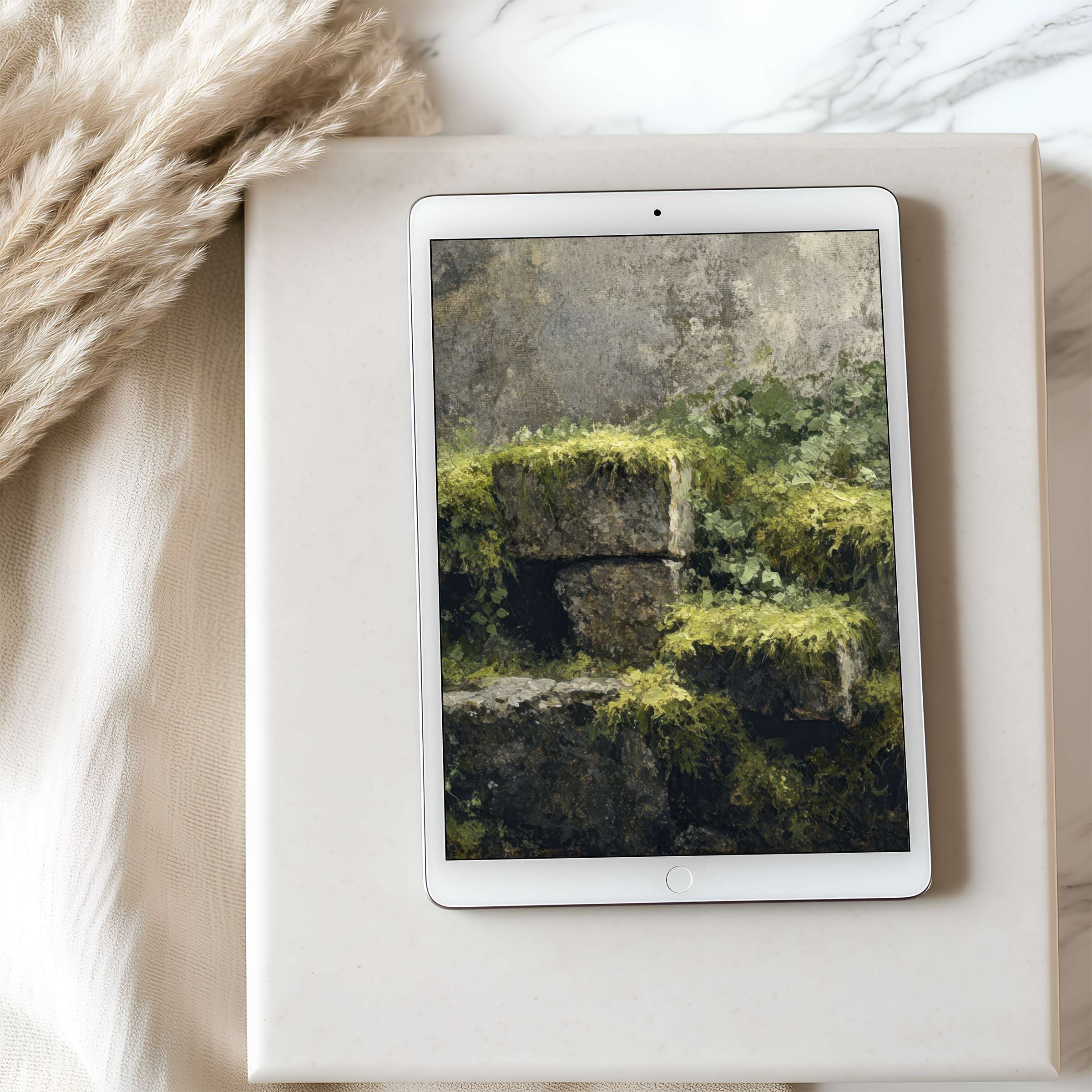 Elegant tablet wallpaper featuring lush green moss on ancient stone steps set against a minimalist background perfect for high resolution iPad