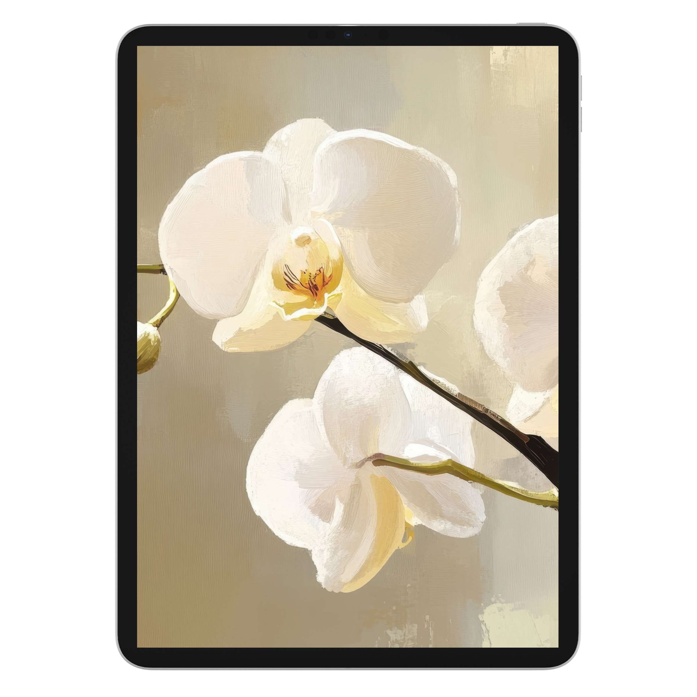 Elegant botanical iPad wallpaper featuring a serene white orchid on a beige background for tablet use, perfect digital download