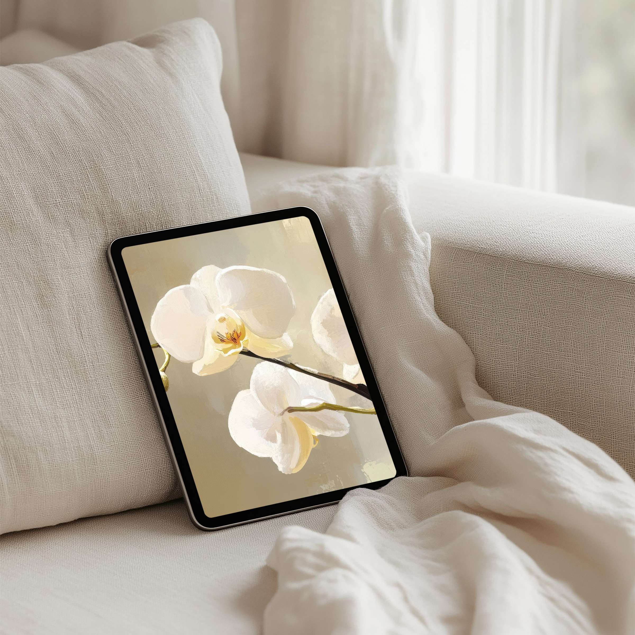 Serene orchid art iPad background offers instant download for tablets, blending elegance and calm for mindful digital decor