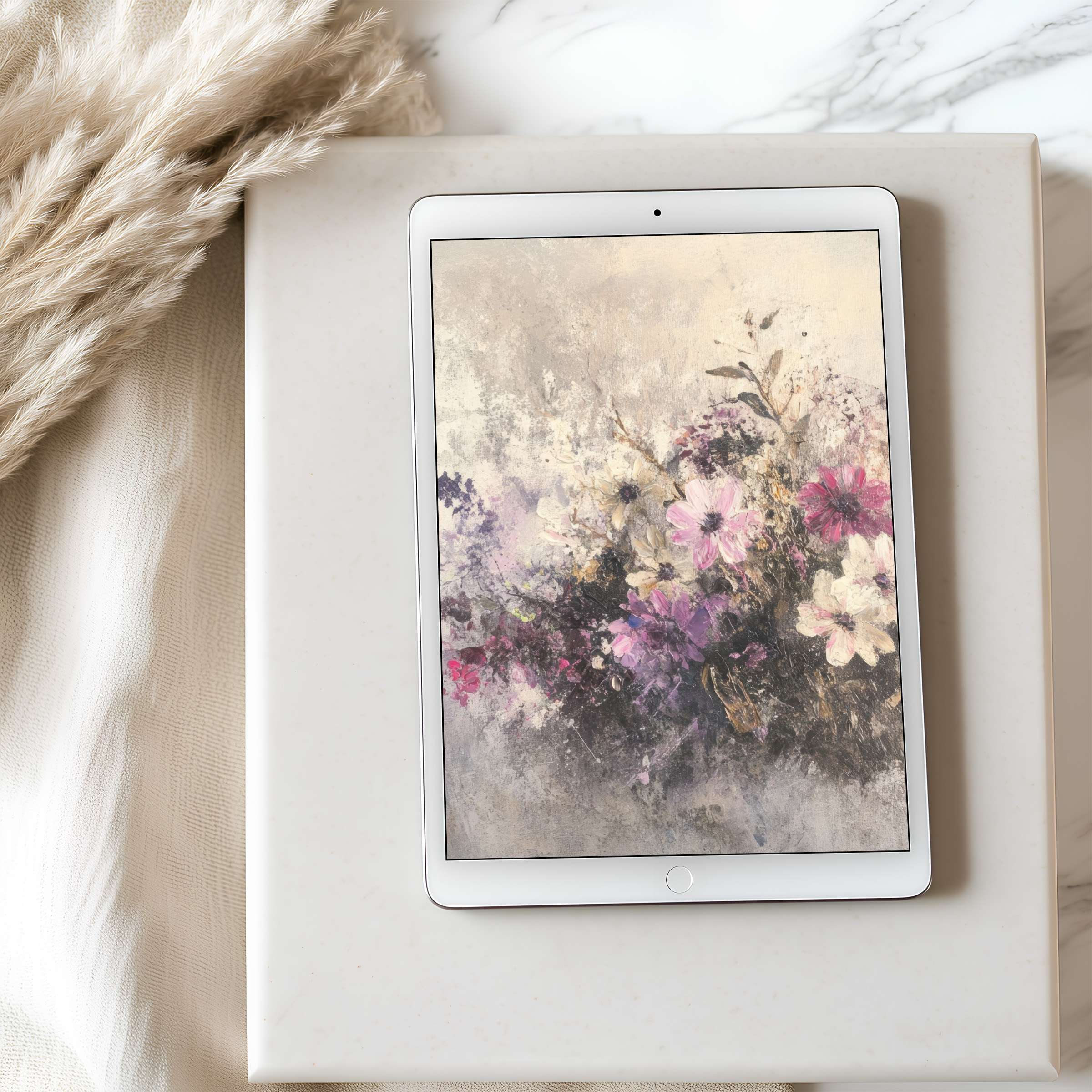 Elegant floral digital art on a tablet wallpaper enhances any setting with soothing pastel tones suitable for iPad or Android download