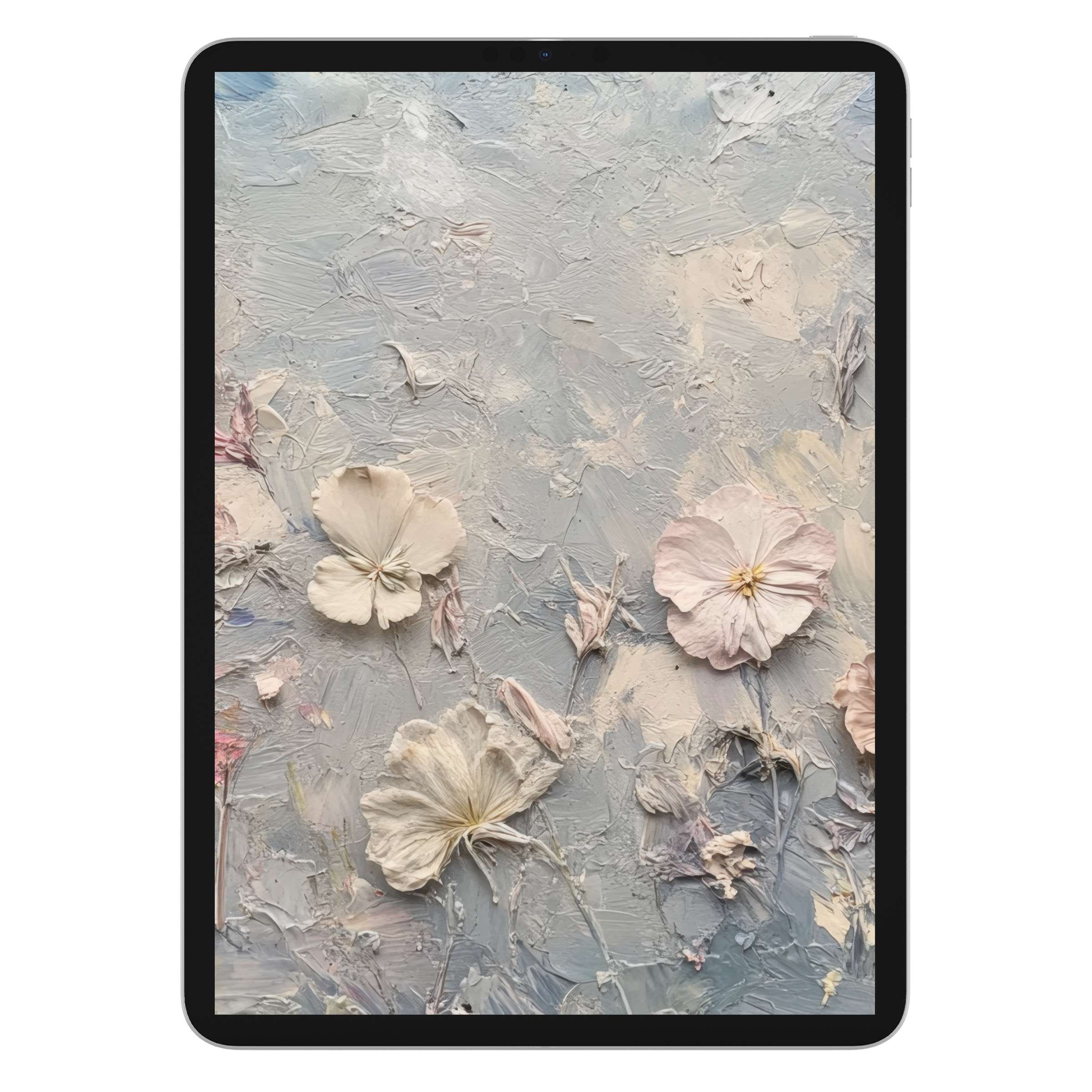 Elegant botanical iPad wallpaper with pastel flowers on textured canvas, a calming digital download for stylish tablet backgrounds