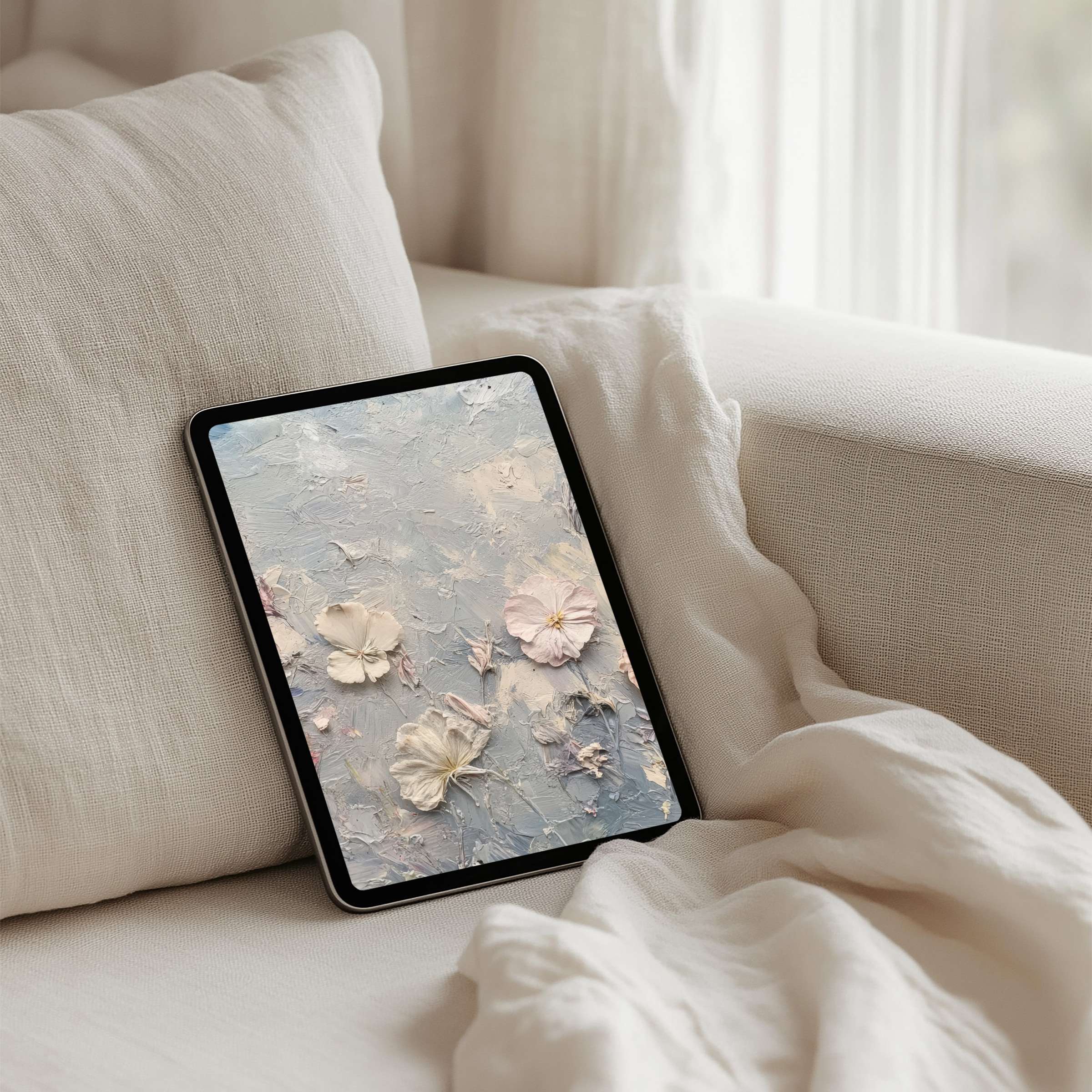 Elegant floral iPad background in soft pastel textures offers calm and mindfulness with instant download for any tablet