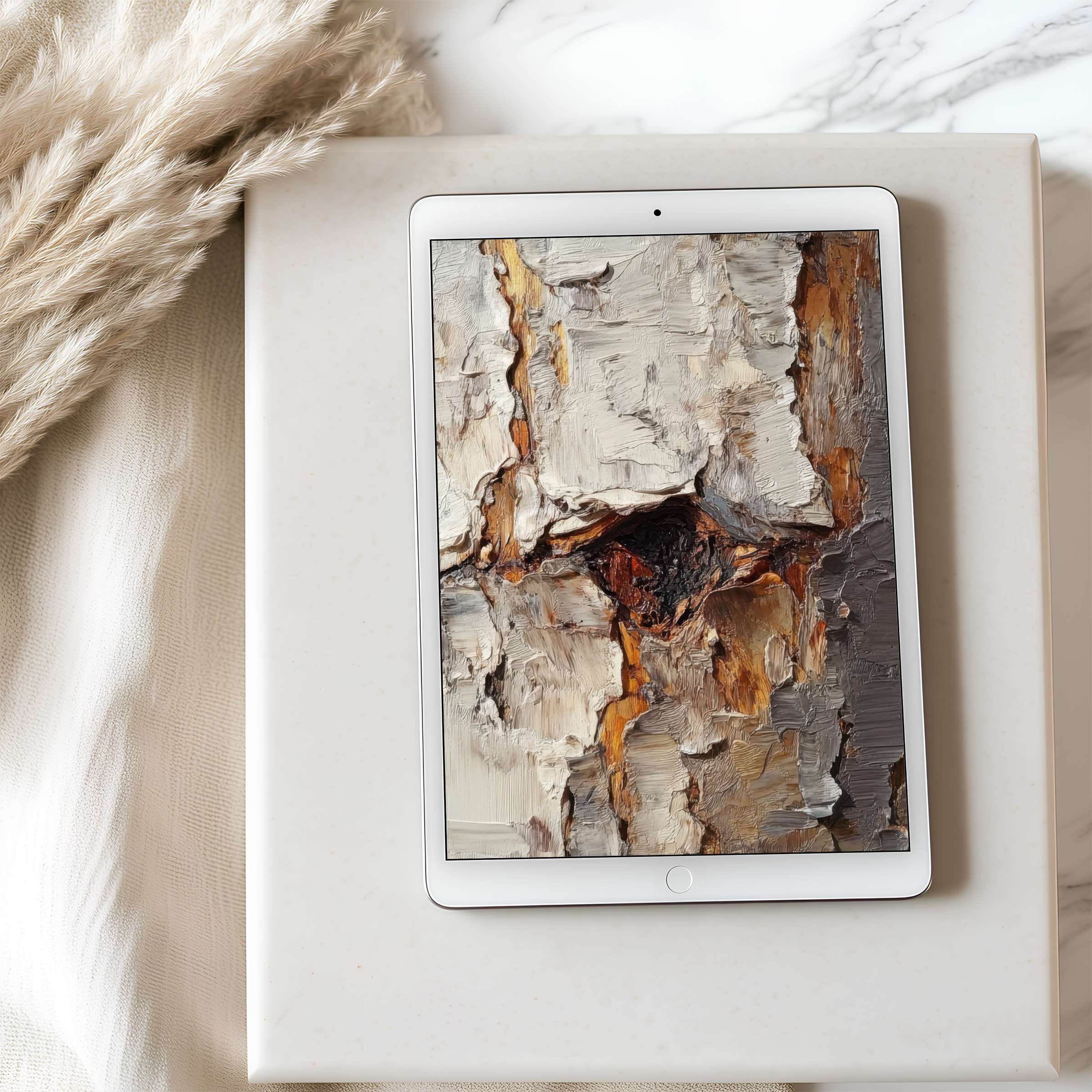 Elegant abstract art tablet wallpaper in earthy tones, high resolution for iPad or Android tablets, evokes serene timelessness