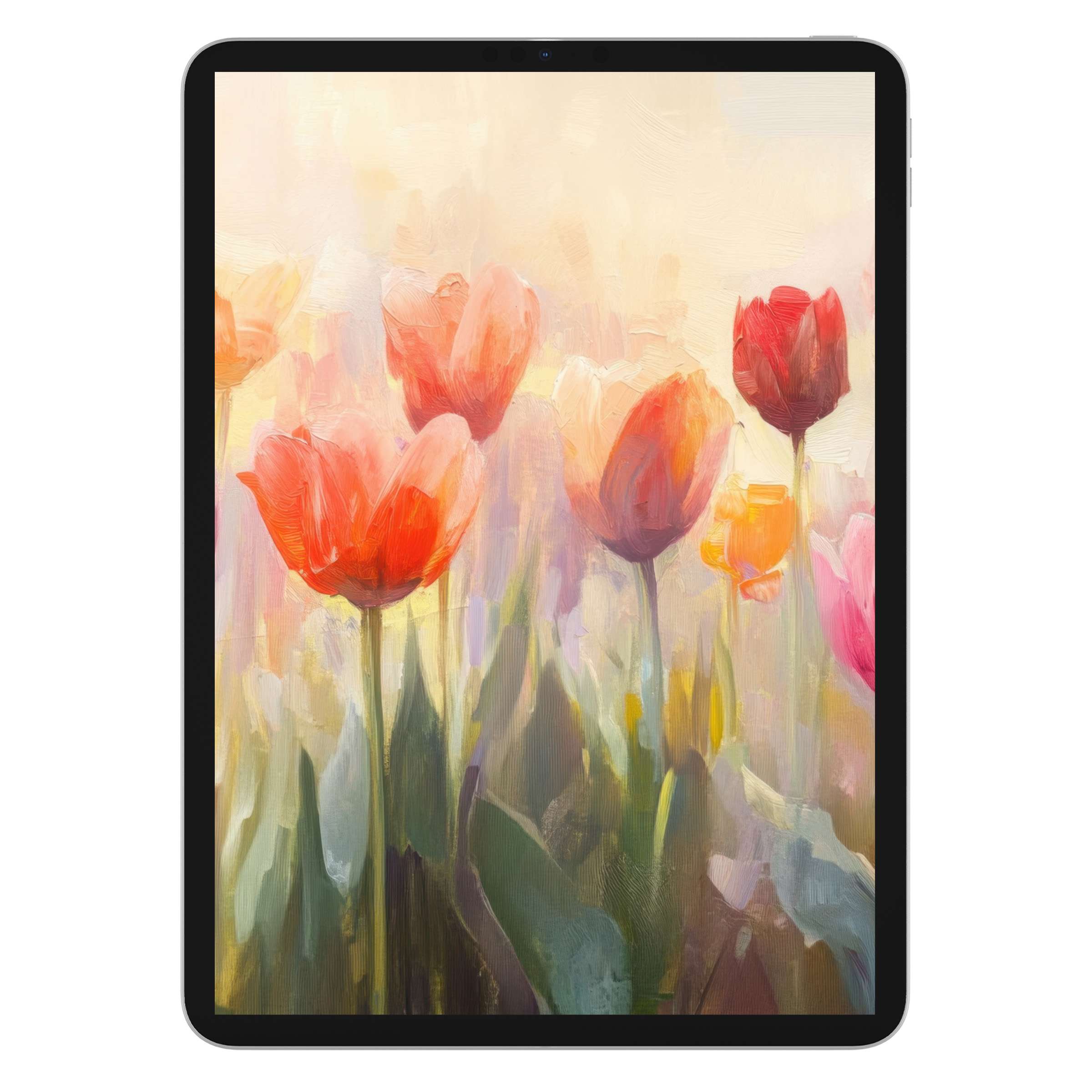 Elegant botanical iPad wallpaper showcasing vibrant tulips in soft pastel hues, perfect digital download for tablet background tranquility