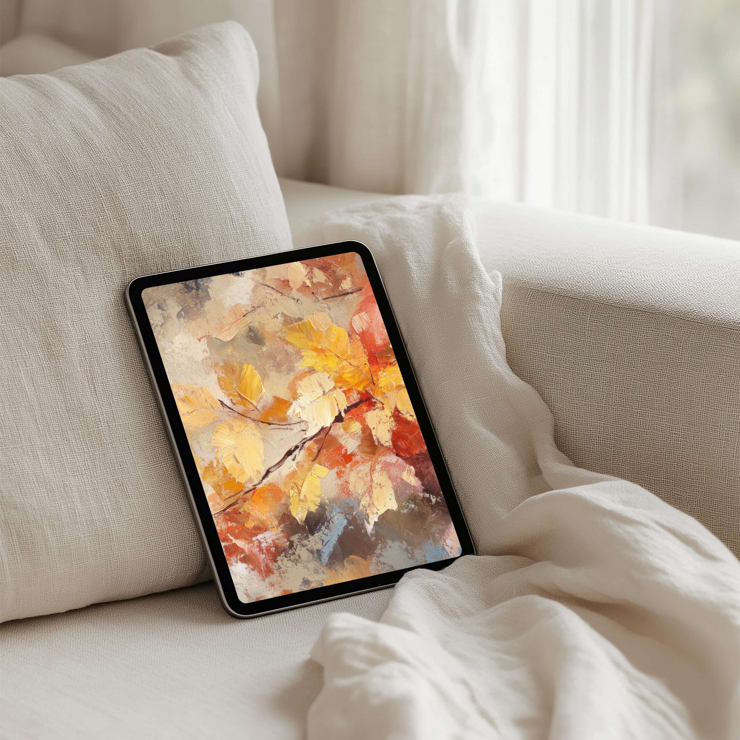 Elegant iPad background with warm autumn leaves, perfect for tablet users seeking instant download for calm and inspired interiors