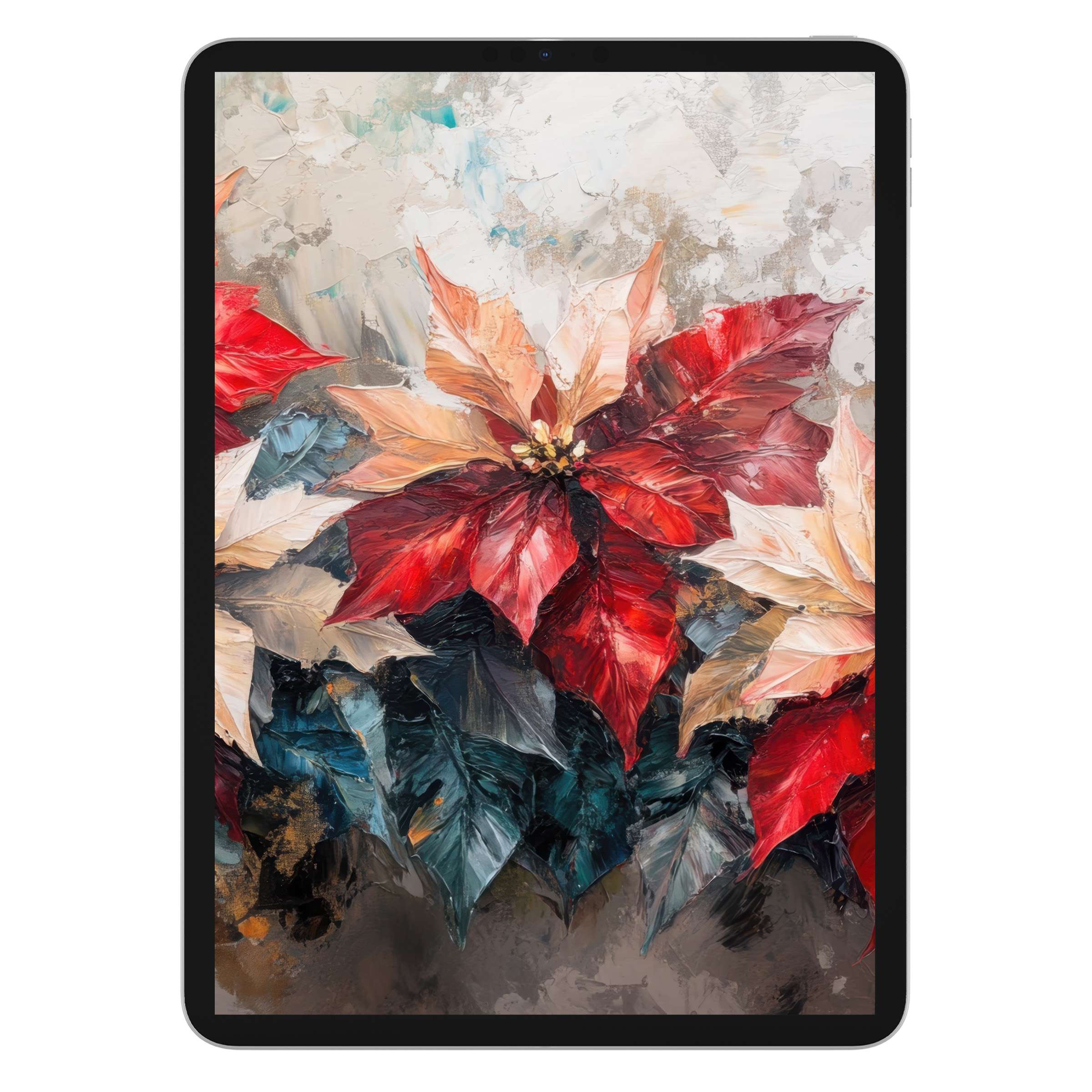 Inspiring botanical iPad wallpaper with vibrant poinsettias, perfect digital download for tablet background, offering peace and beauty