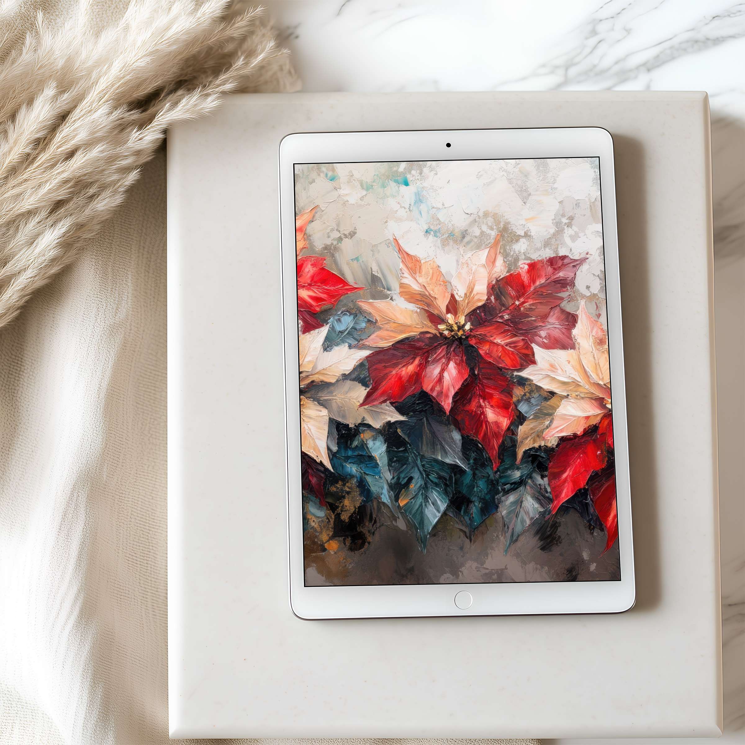 Elegant poinsettia-themed tablet wallpaper in vibrant reds and greens, perfect for high resolution iPad and Android, seamless digital download