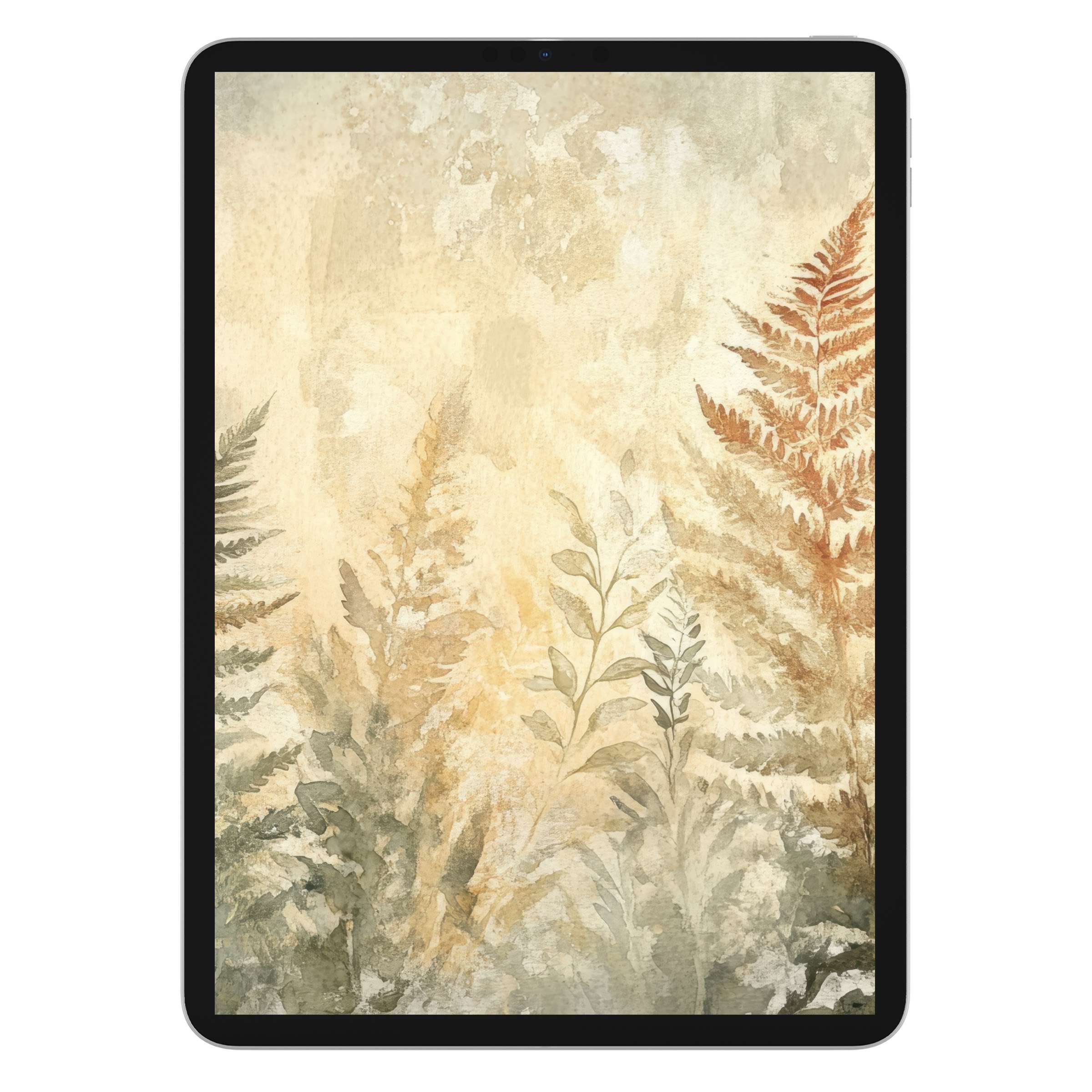 Elegant botanical iPad wallpaper with watercolor leaves, offering a calming digital download background for any tablet device