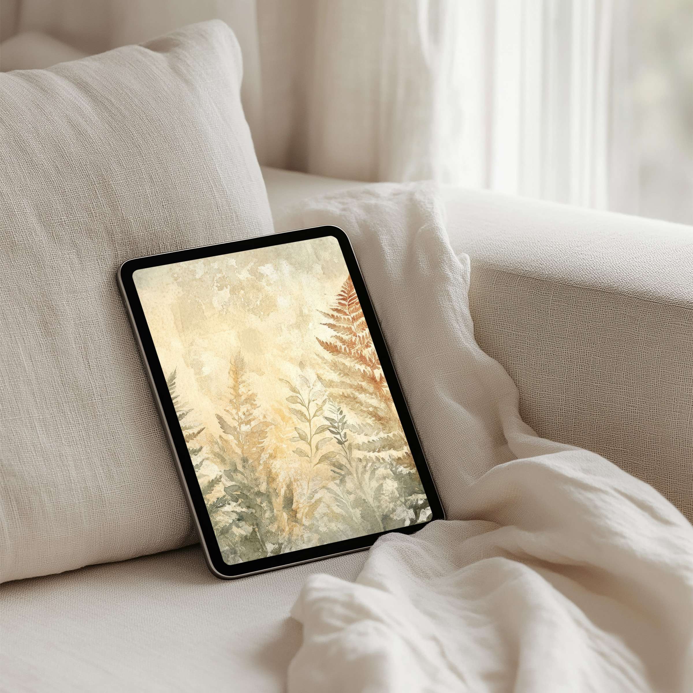 Elegant iPad background with serene leaf patterns offers instant download for tablets, bringing calm and inspiration to your device