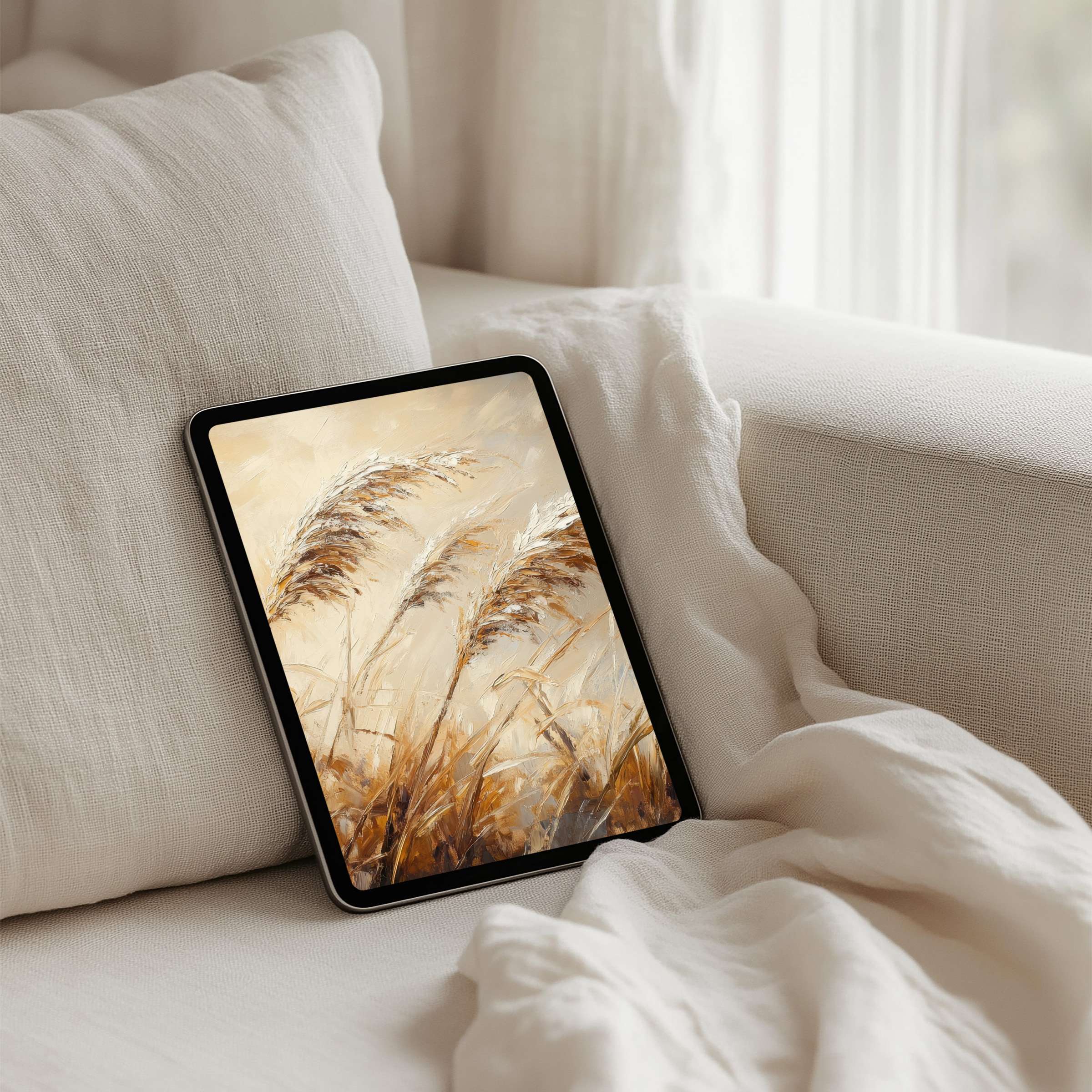 Serene iPad background with elegant golden wheat fields painting, perfect for instant download on any tablet inspiring tranquility