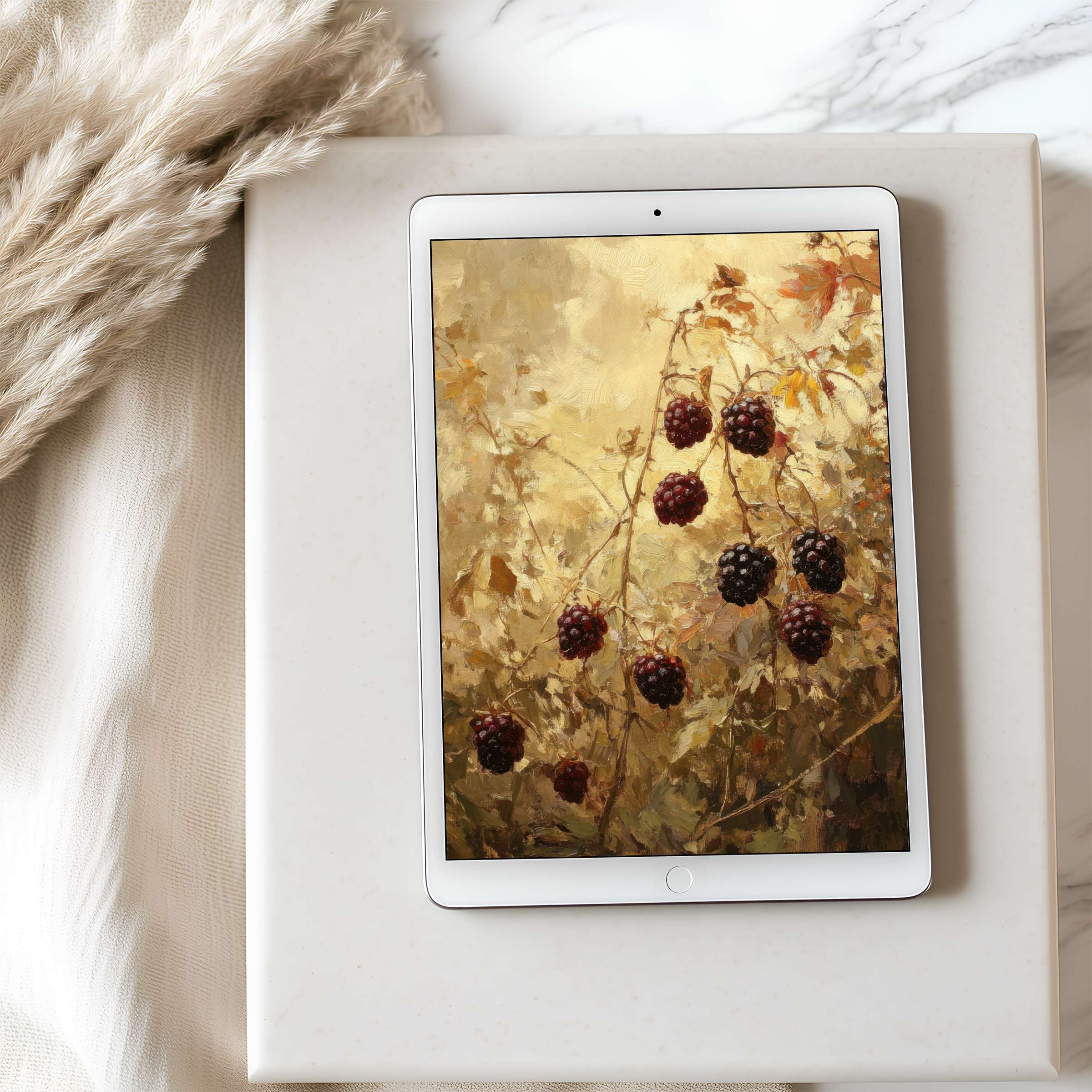 Elegant tablet wallpaper featuring rich, textured blackberries in warm hues on an iPad offering calm, natural aesthetics for digital download