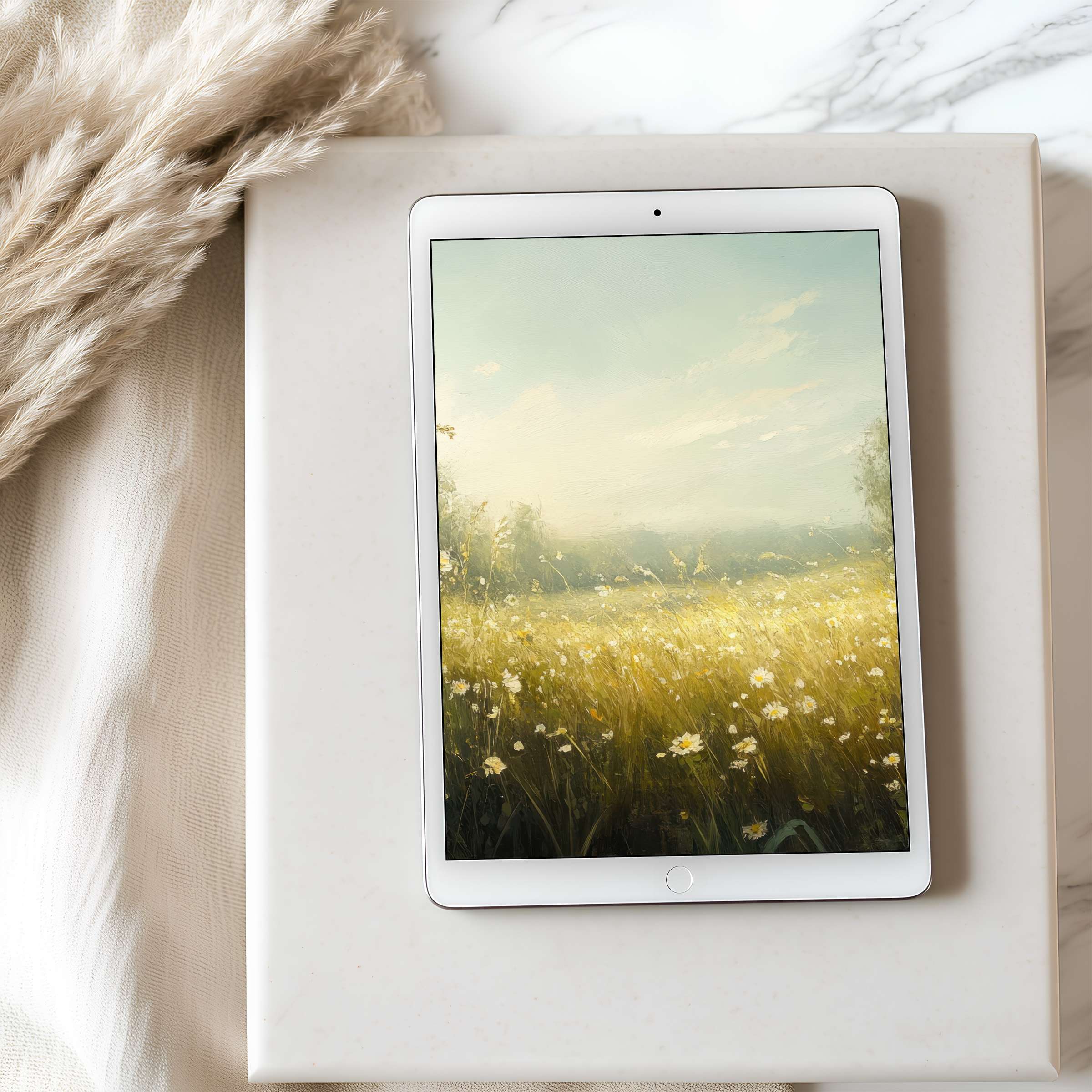 Elegant tablet wallpaper with serene yellow floral landscape, perfect for iPad or Android tablets, offering high resolution digital download