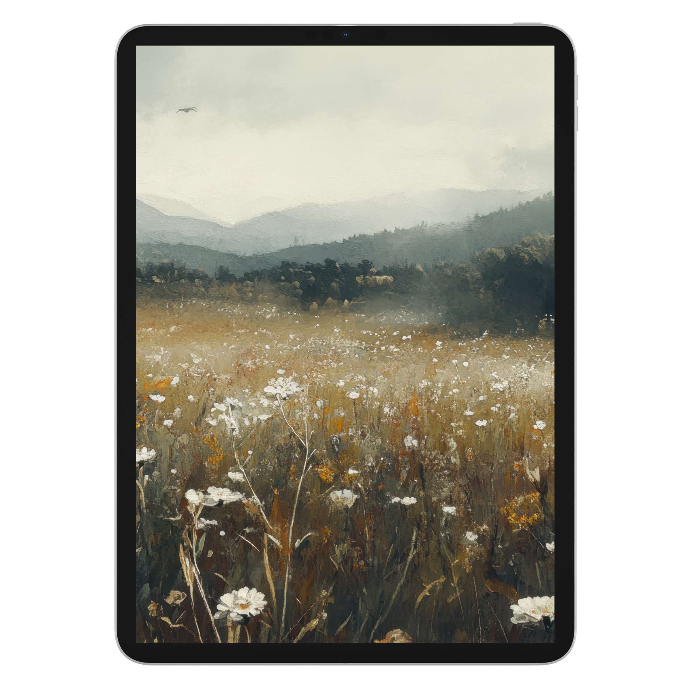 Inspire tranquility with this botanical iPad wallpaper featuring a serene meadow background, perfect digital download for any tablet