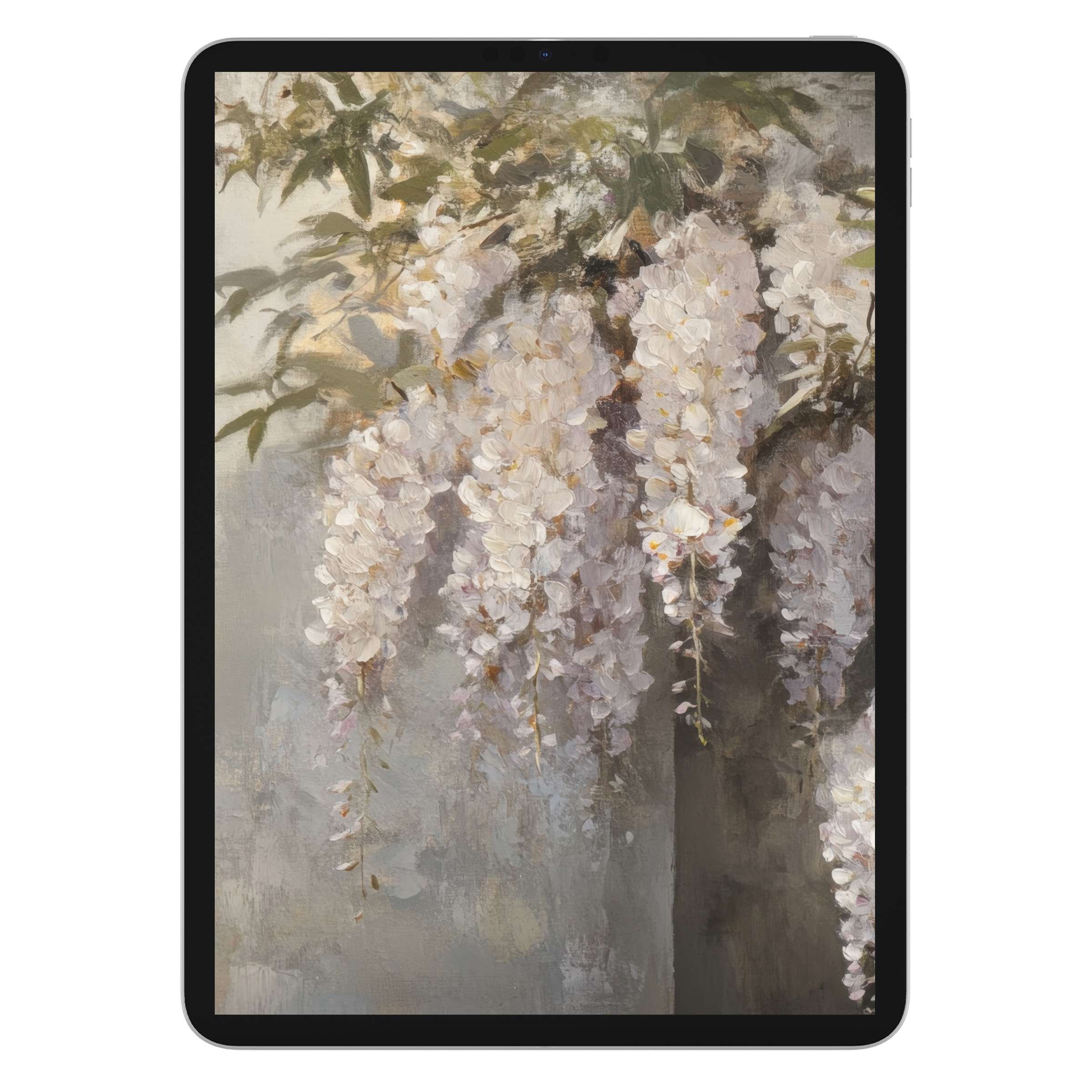 Elegant botanical iPad wallpaper with soft wisteria, creating a serene tablet background for digital download and calming ambiance