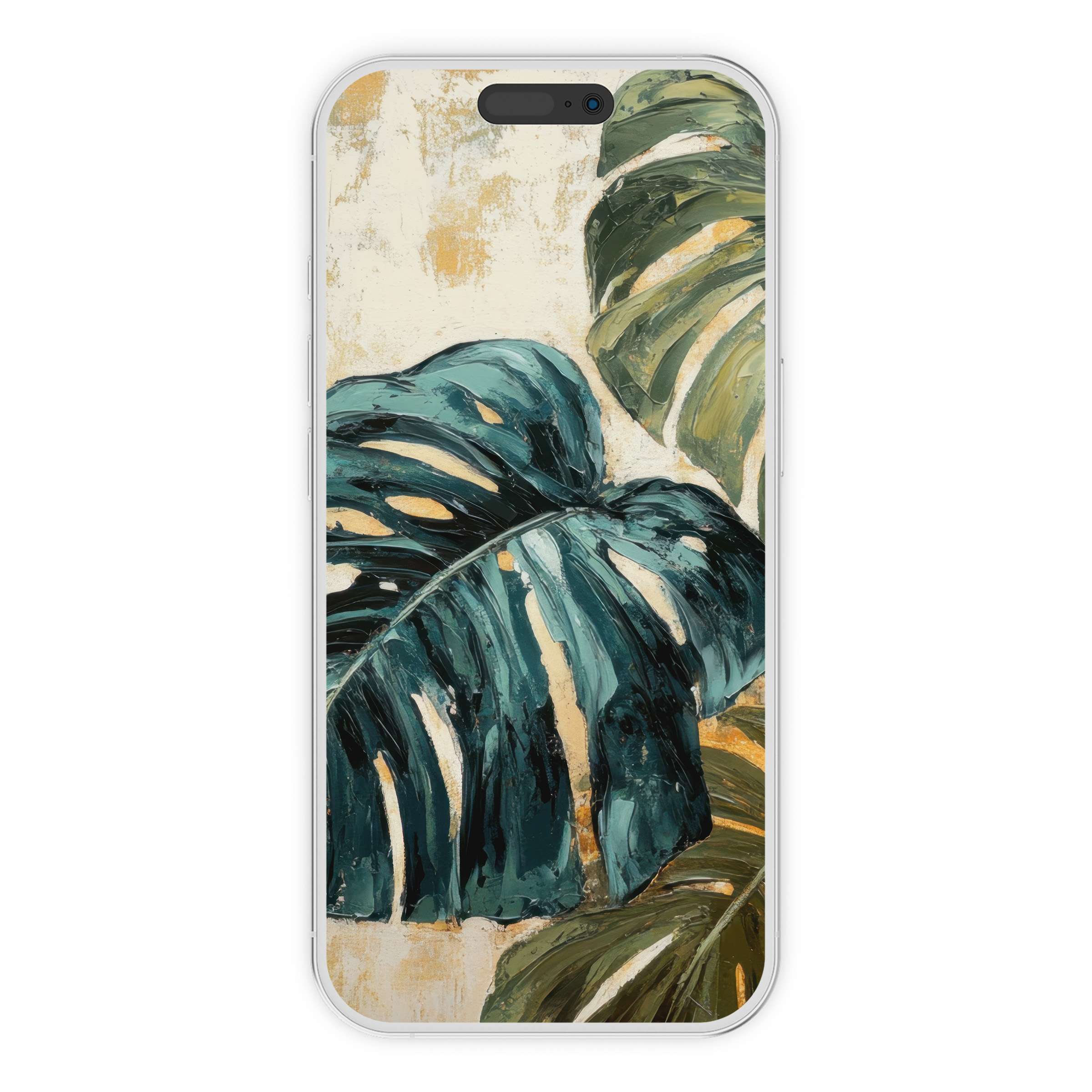 Elegant botanical iPhone wallpaper features lush green leaves on a textured phone background perfect for a serene digital download experience