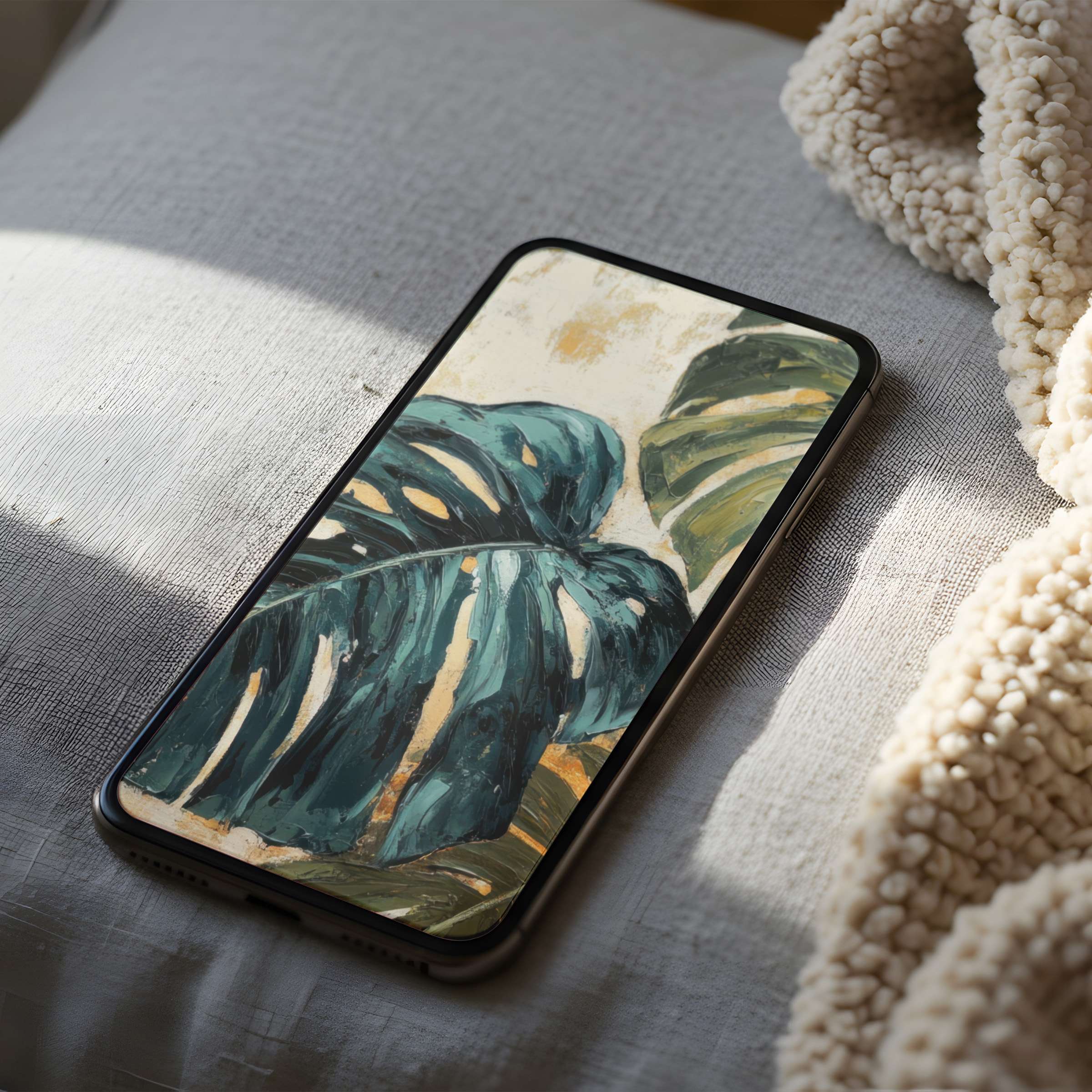 Elegant phone wallpaper featuring abstract green leaves on a textured background, perfect for iPhone and Android digital download use