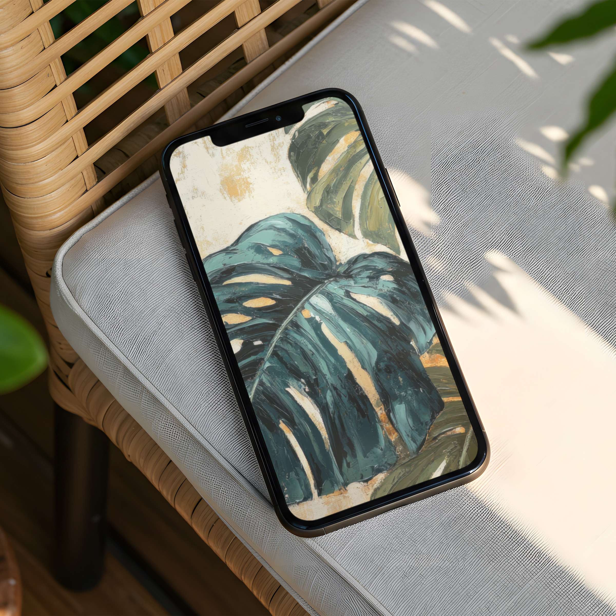 Elegant iPhone background featuring a soothing monstera leaf motif in teal for instant download to inspire calm on your phone