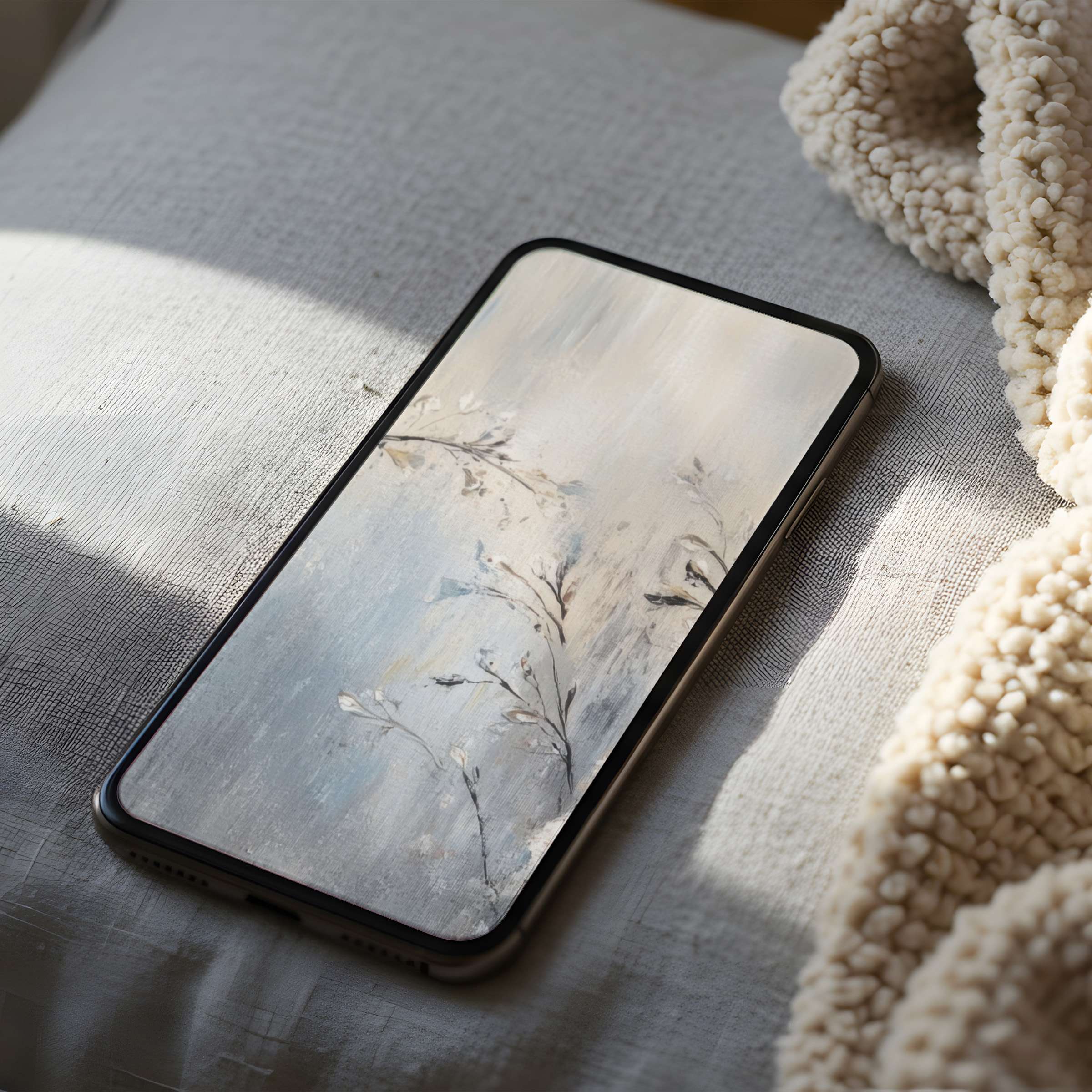 Elegant phone wallpaper with soft, abstract floral motifs in calming tones, perfect for iPhone and android, high-resolution digital download