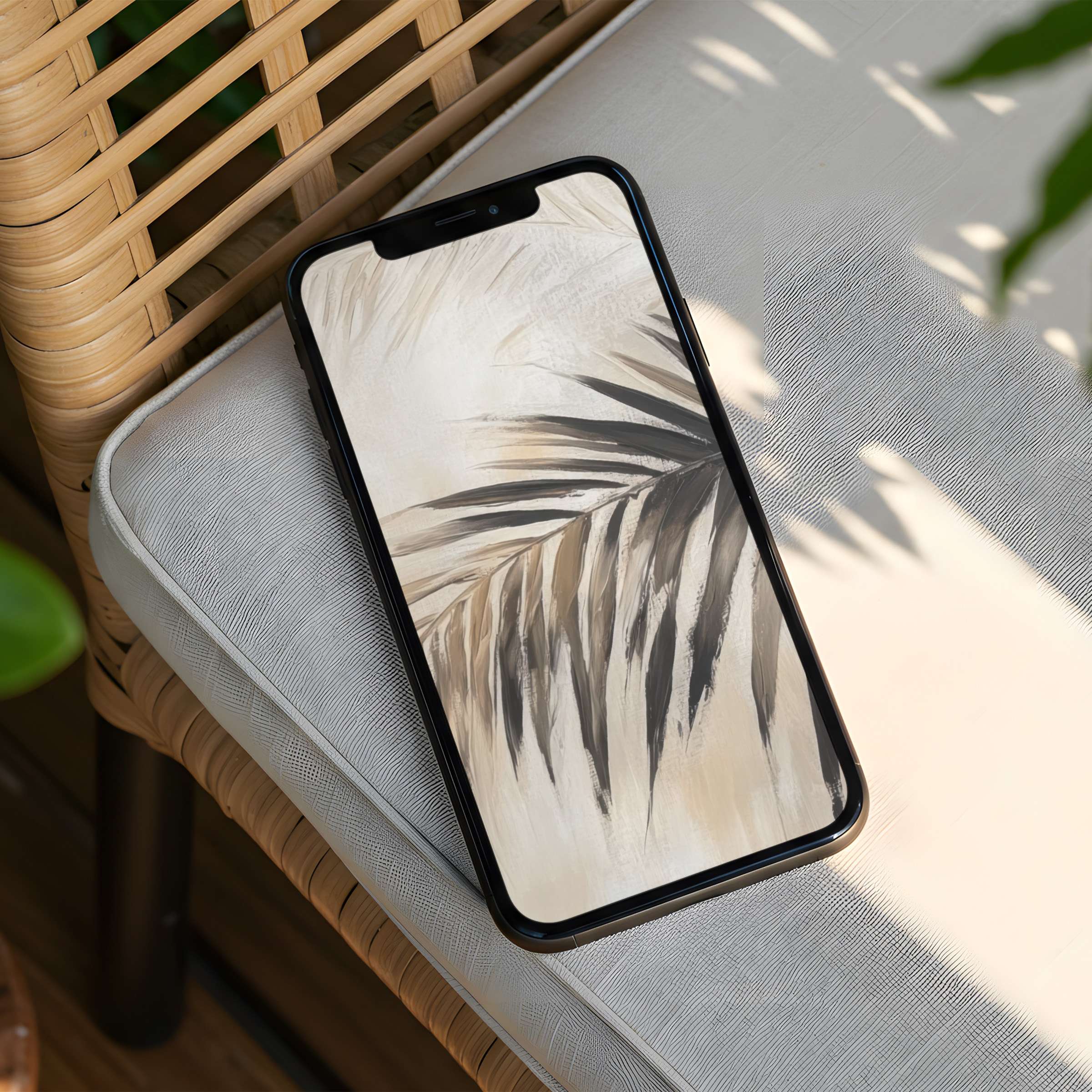 Elegant iPhone background with neutral palm design evokes calm and inspiration instant download for phone aesthetics and mindfulness